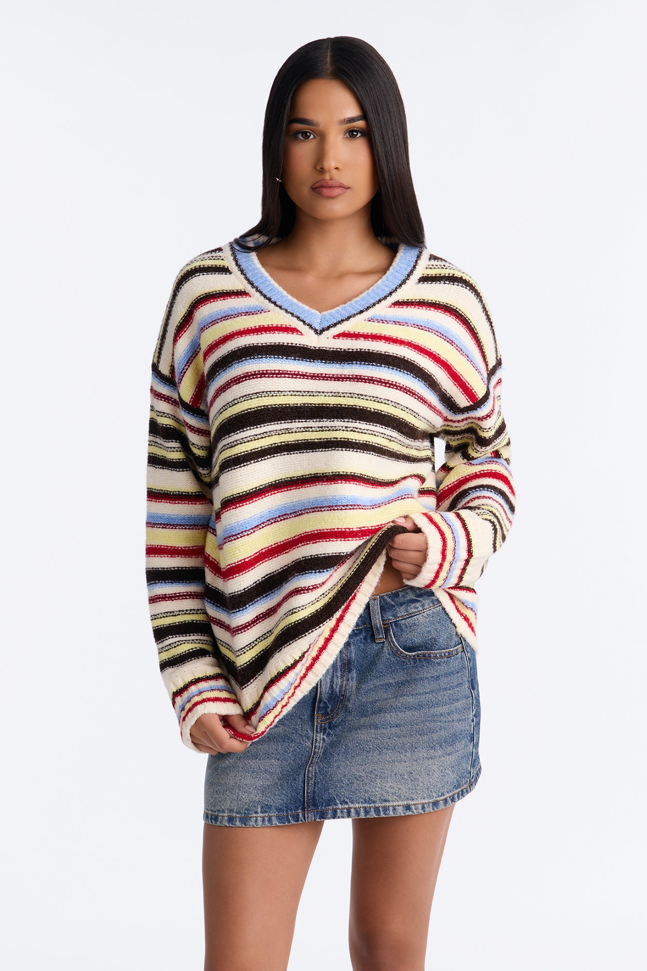 Alexa Striped V-Neck Long Sleeve Sweater - MultiColor