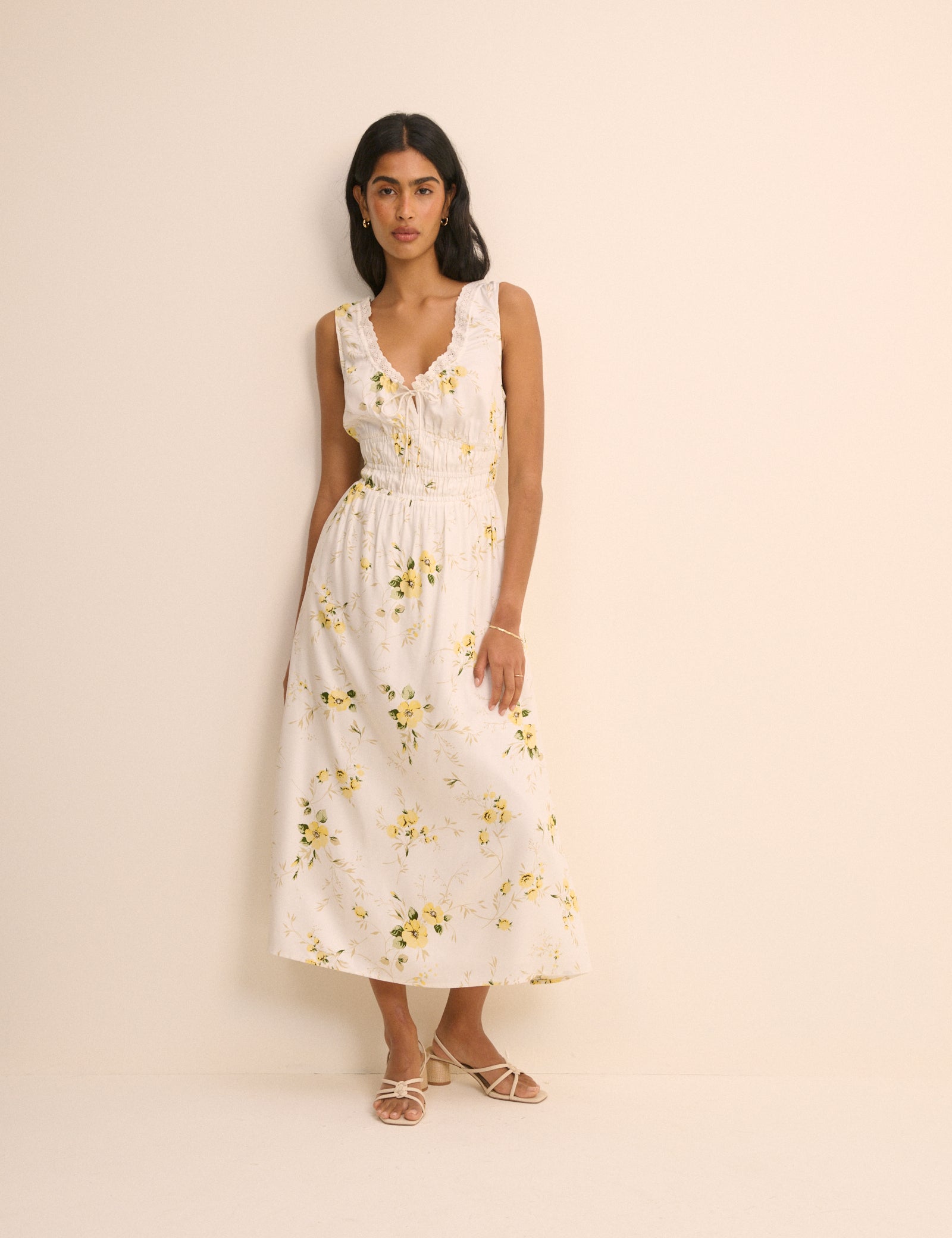 White Floral Shirred Sleeveless Isabella Midi Dress