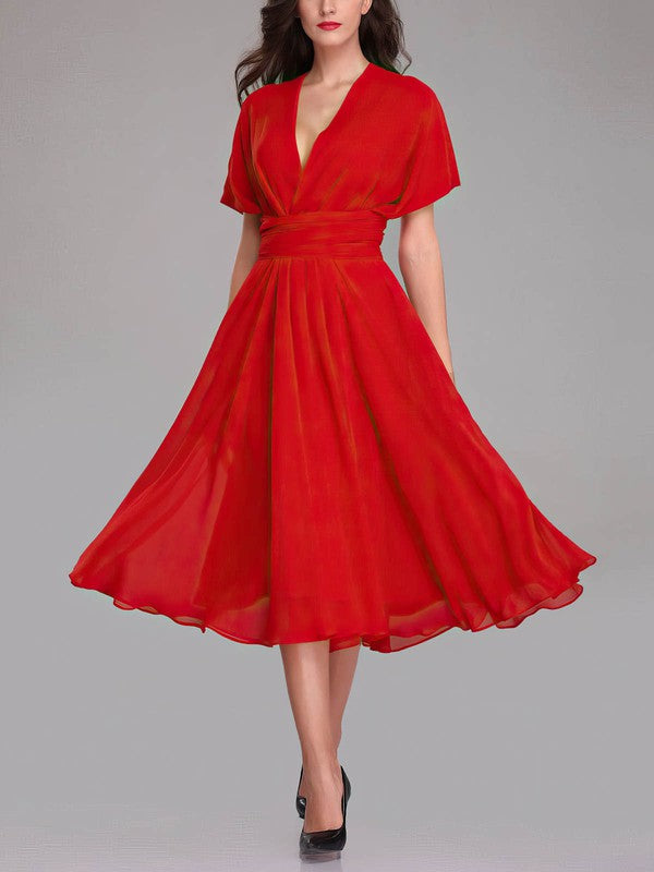 Luxurious A-Line V-Neck Short Sleeves Chiffon Tea-Length Bridesmaid Dresses