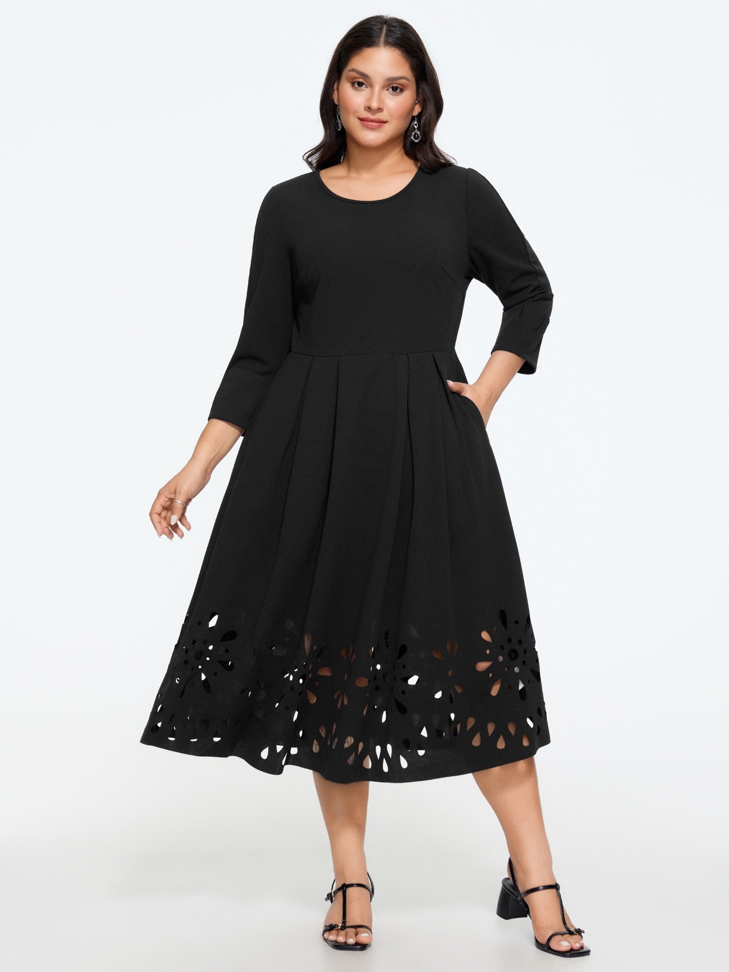 Solid Pleated Laser Cut Hem Midi Dress