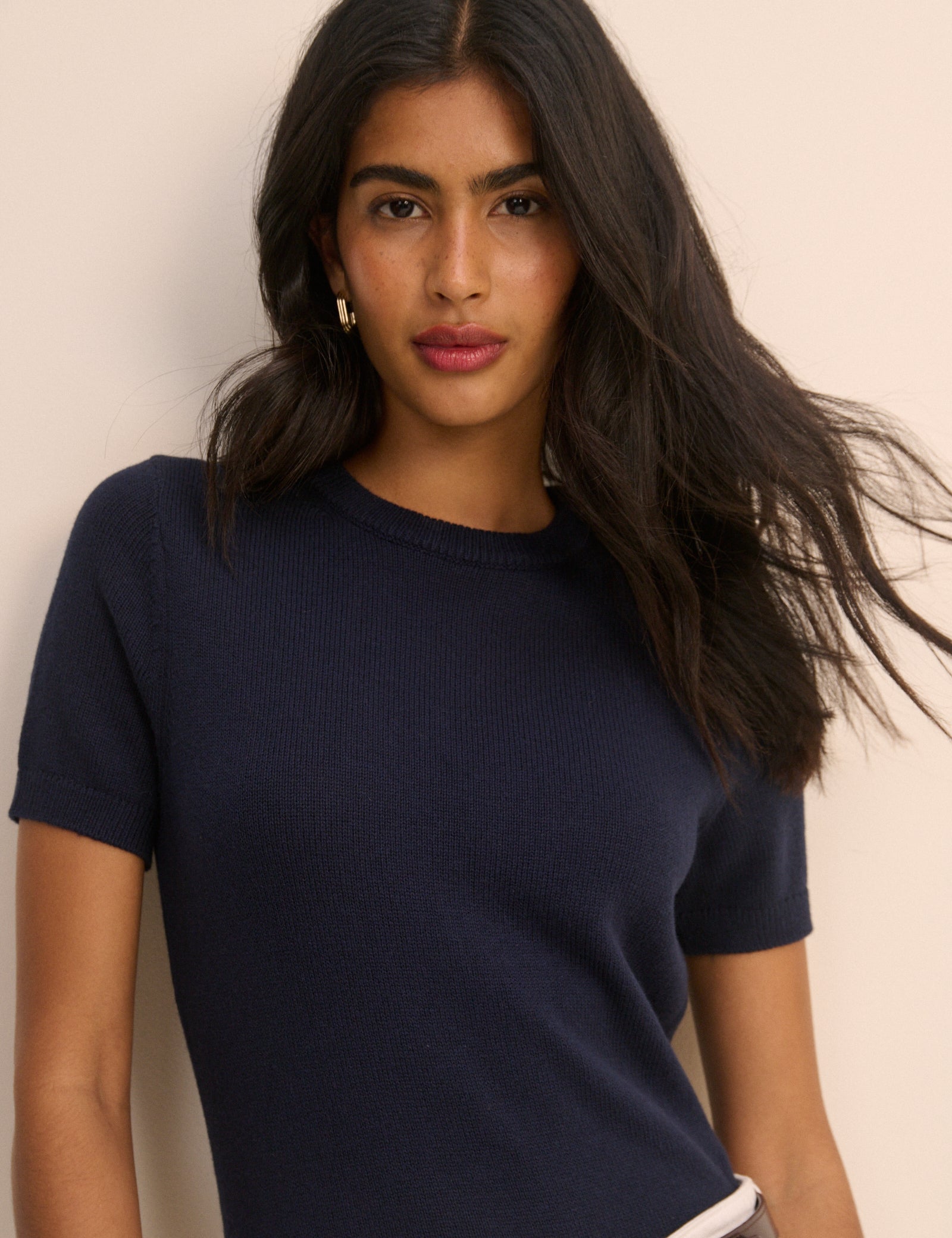 Navy Knitted Short Sleeve Top