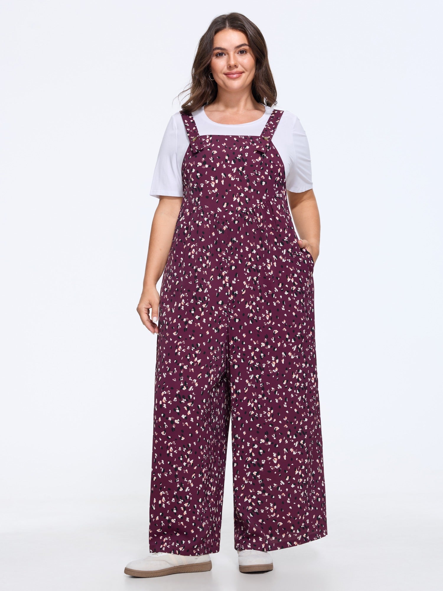 Floral Print Pocket Adjustable Shoulder Straps Jumpsuit