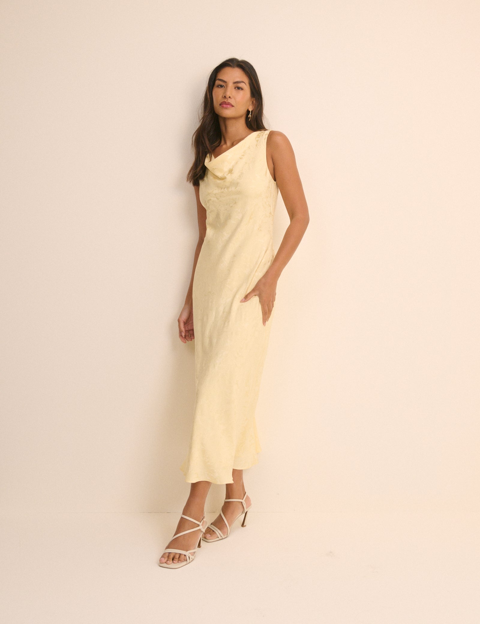 Butter Yellow Jacquard Floral Cassie Satin Midi Dress