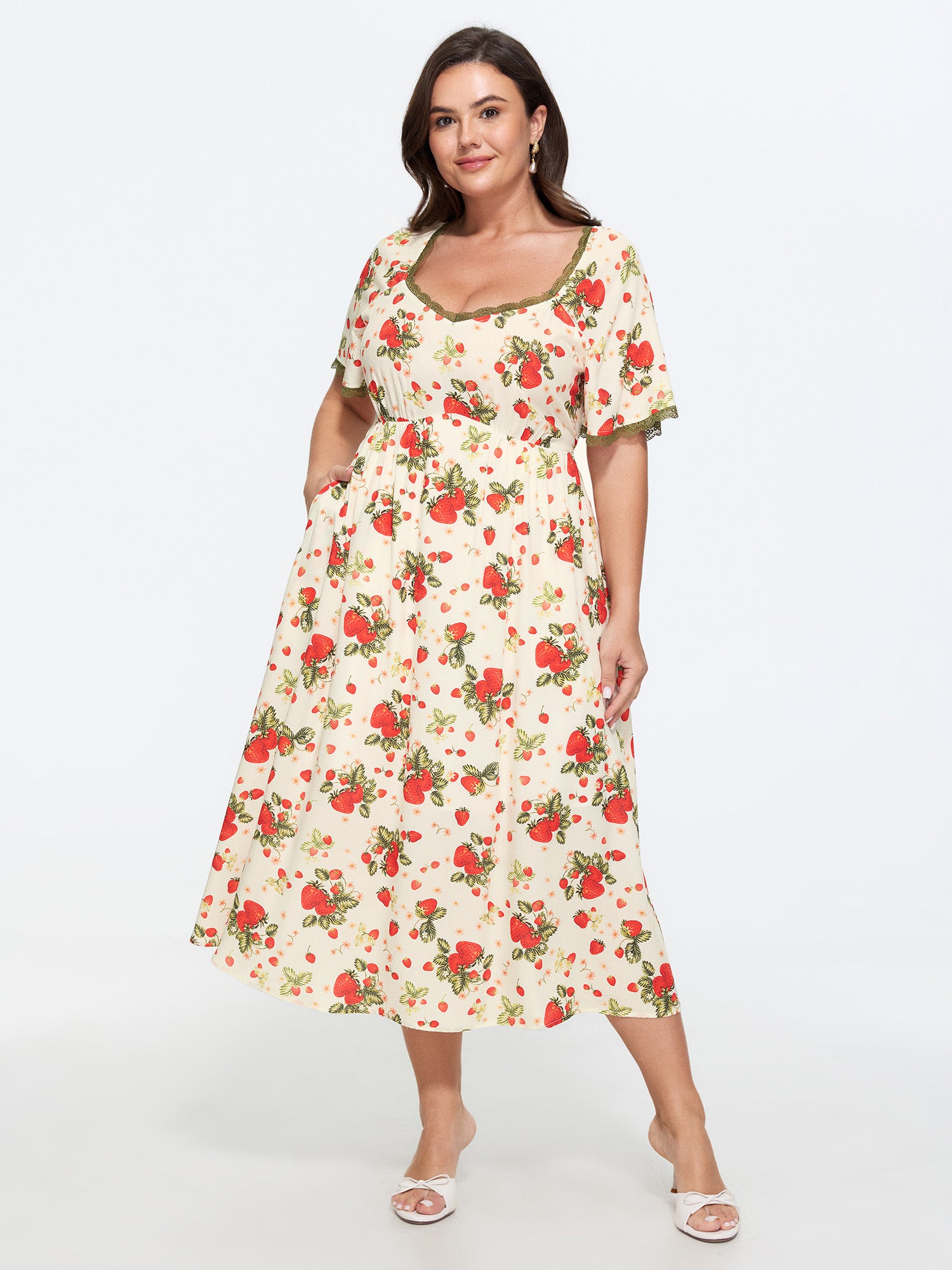 Strawberry Print Lace Detail Pockets Midi Dress