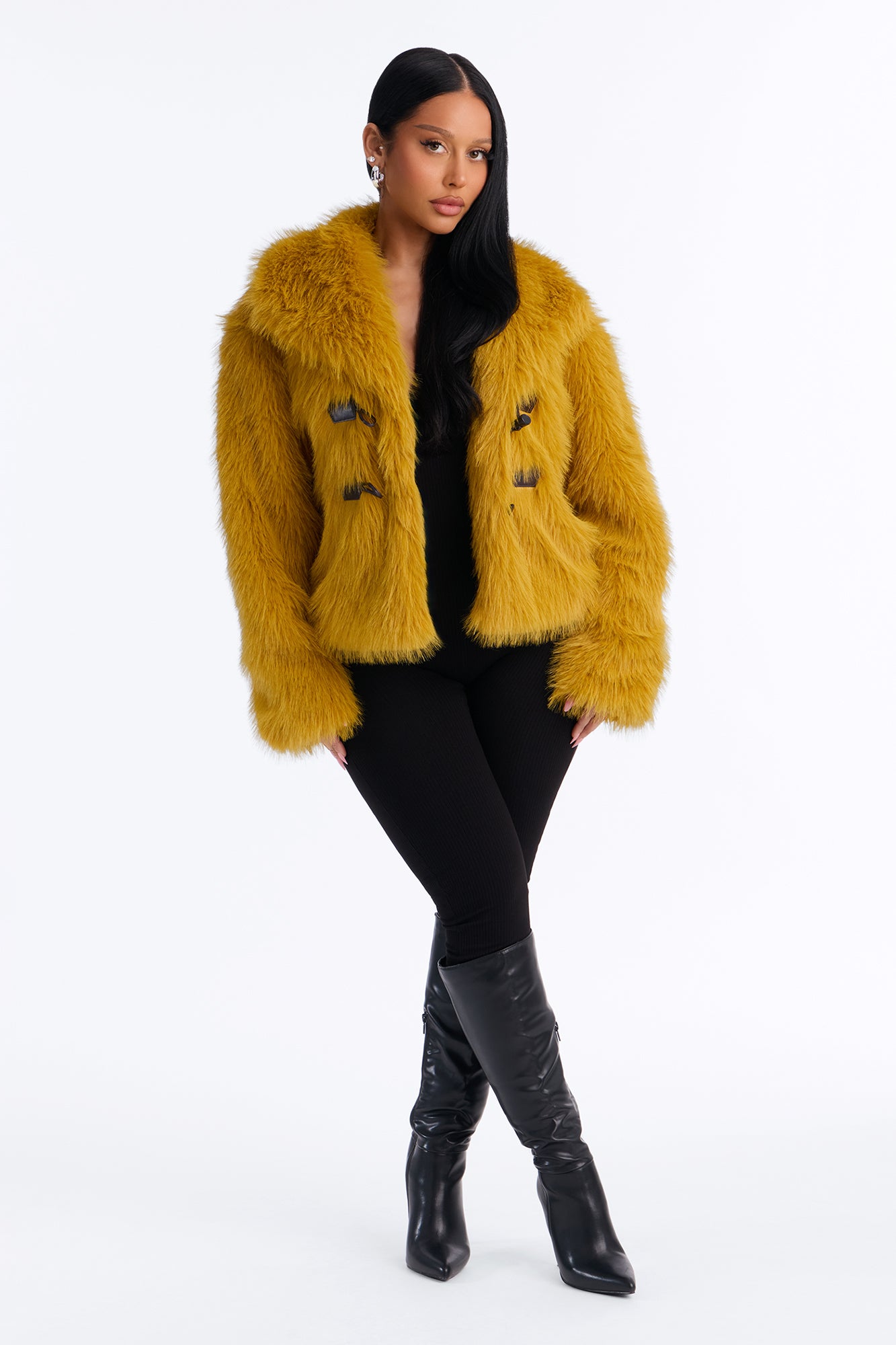 Lacy Faux Fur Long Sleeve Coat - Honey