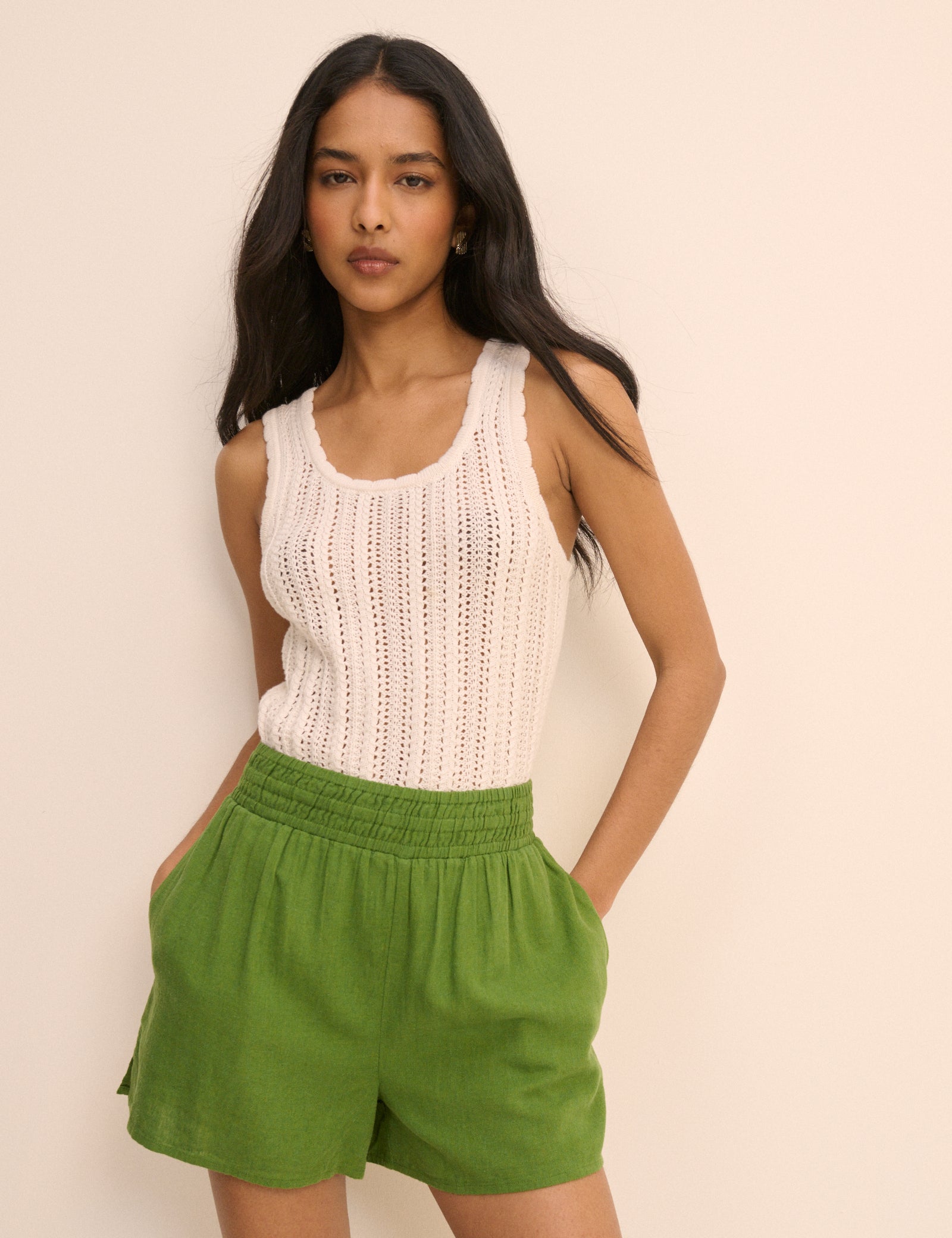 Green Linen-Rich Elasticated Shorts