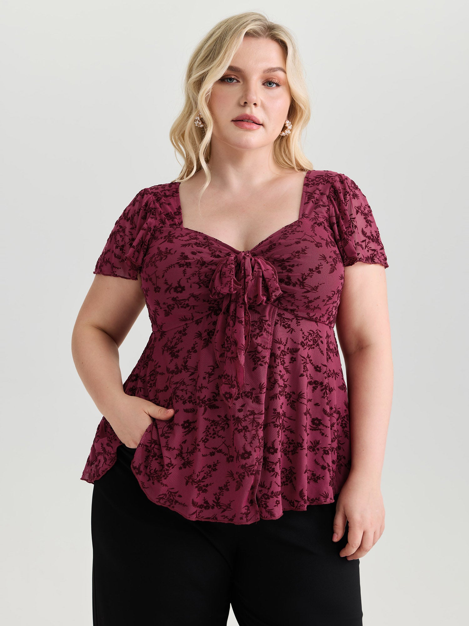 Floral Flocked Mesh Knotted Front Top