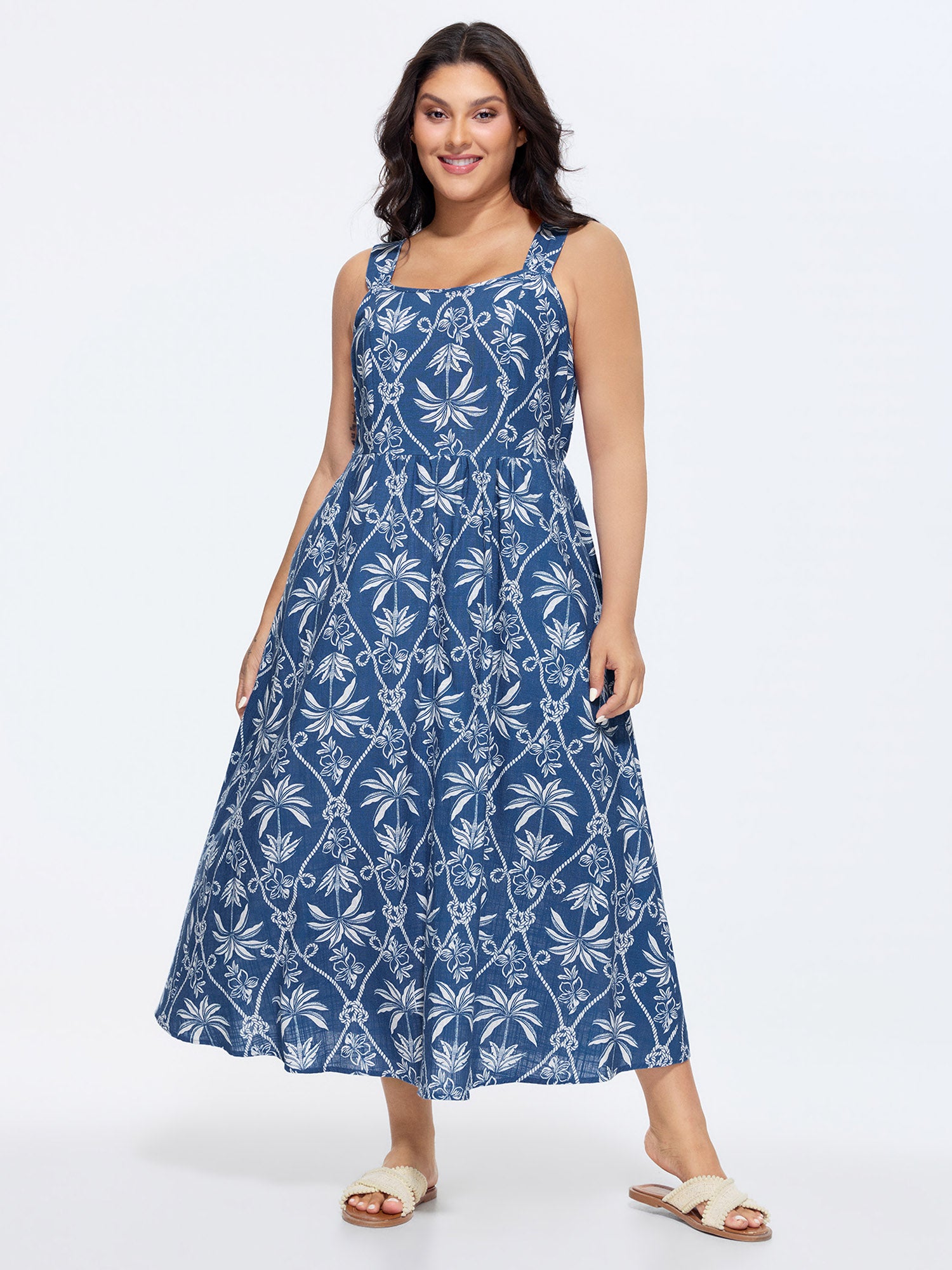 Cotton Tropical Print Wide Straps Flowy Maxi Dress