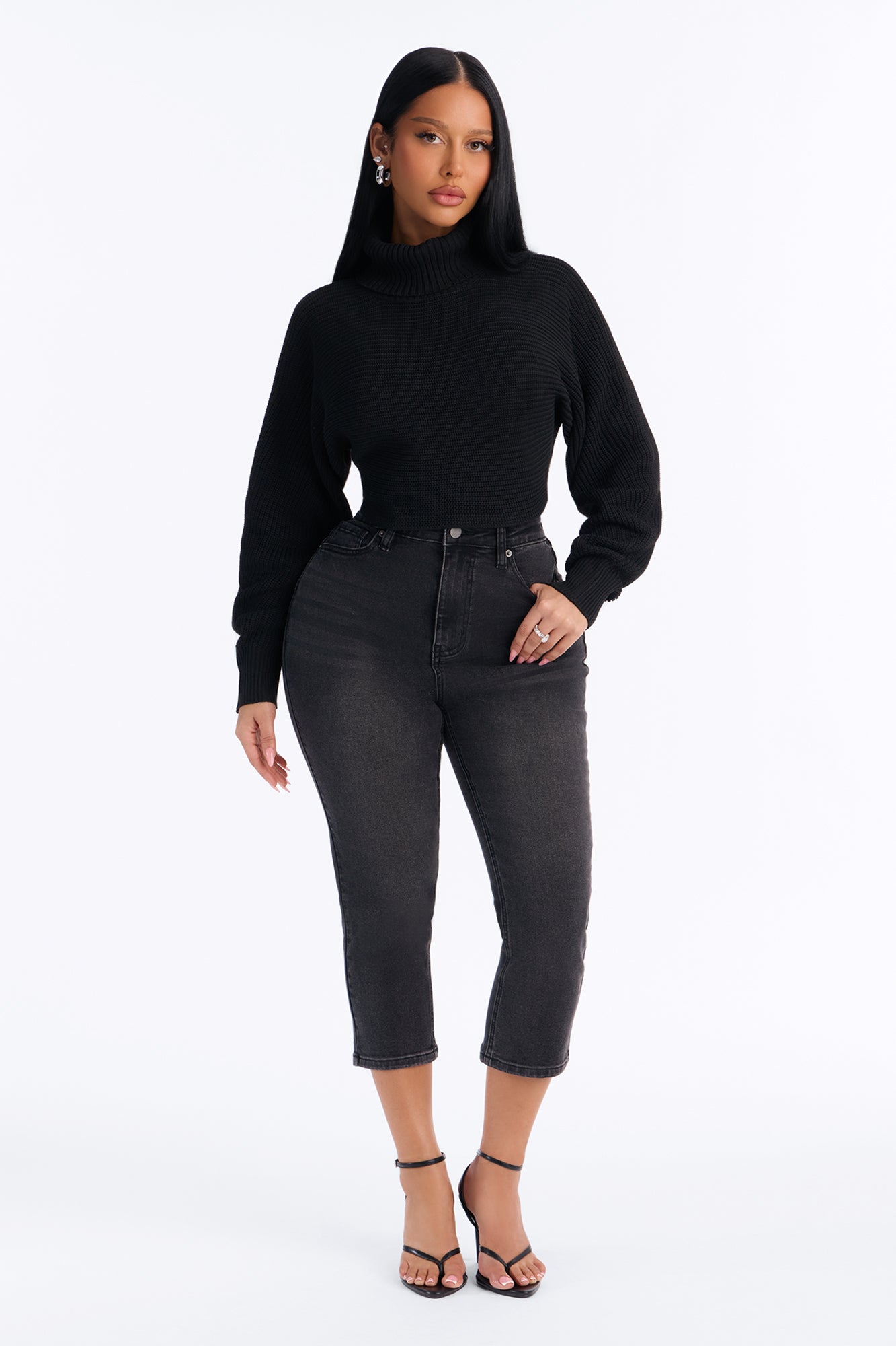 Deana Cropped Turtleneck Sweater - Black