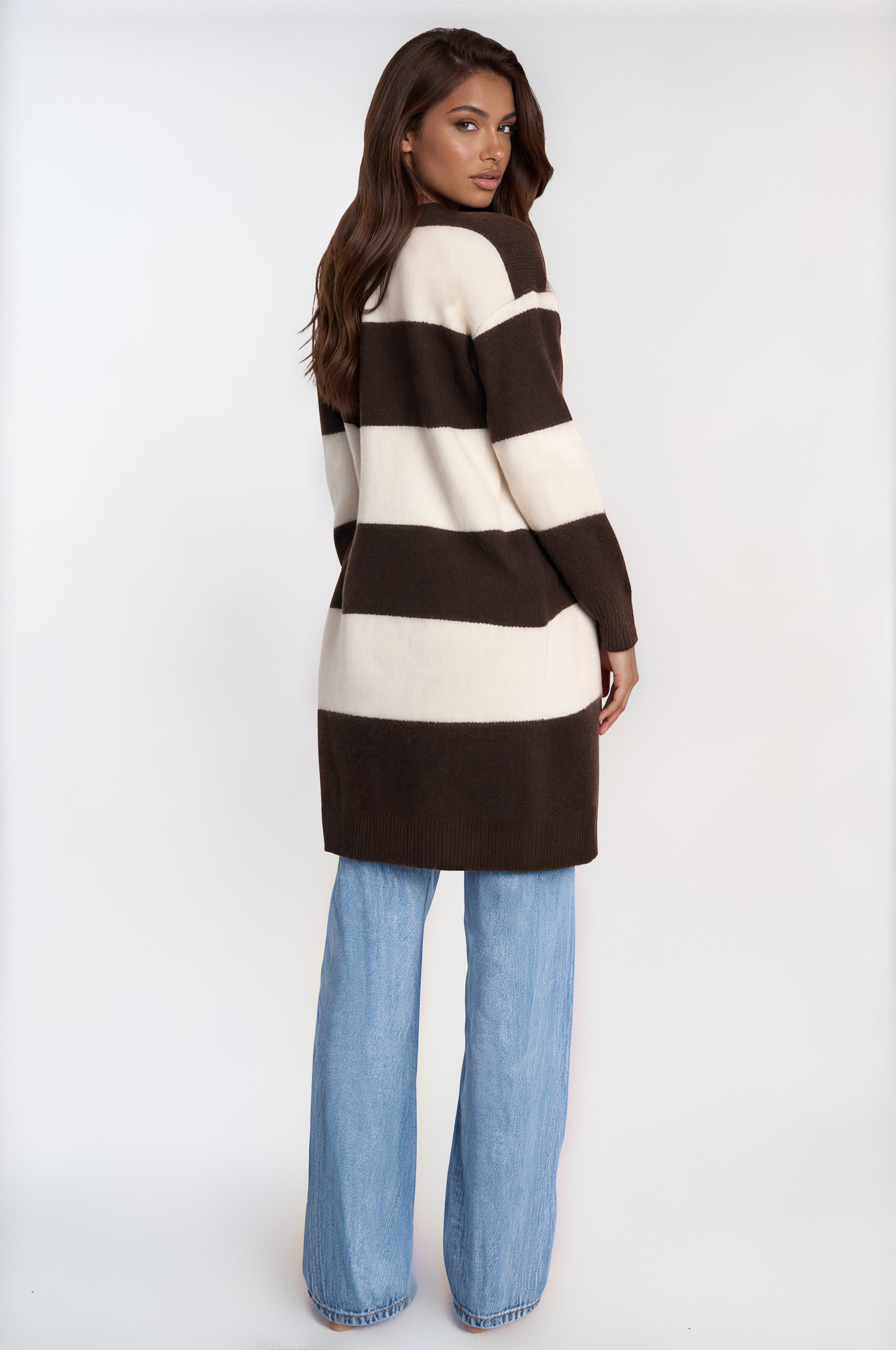 Tarah Striped Long Sleeve Cardigan - Chocolate/Combo