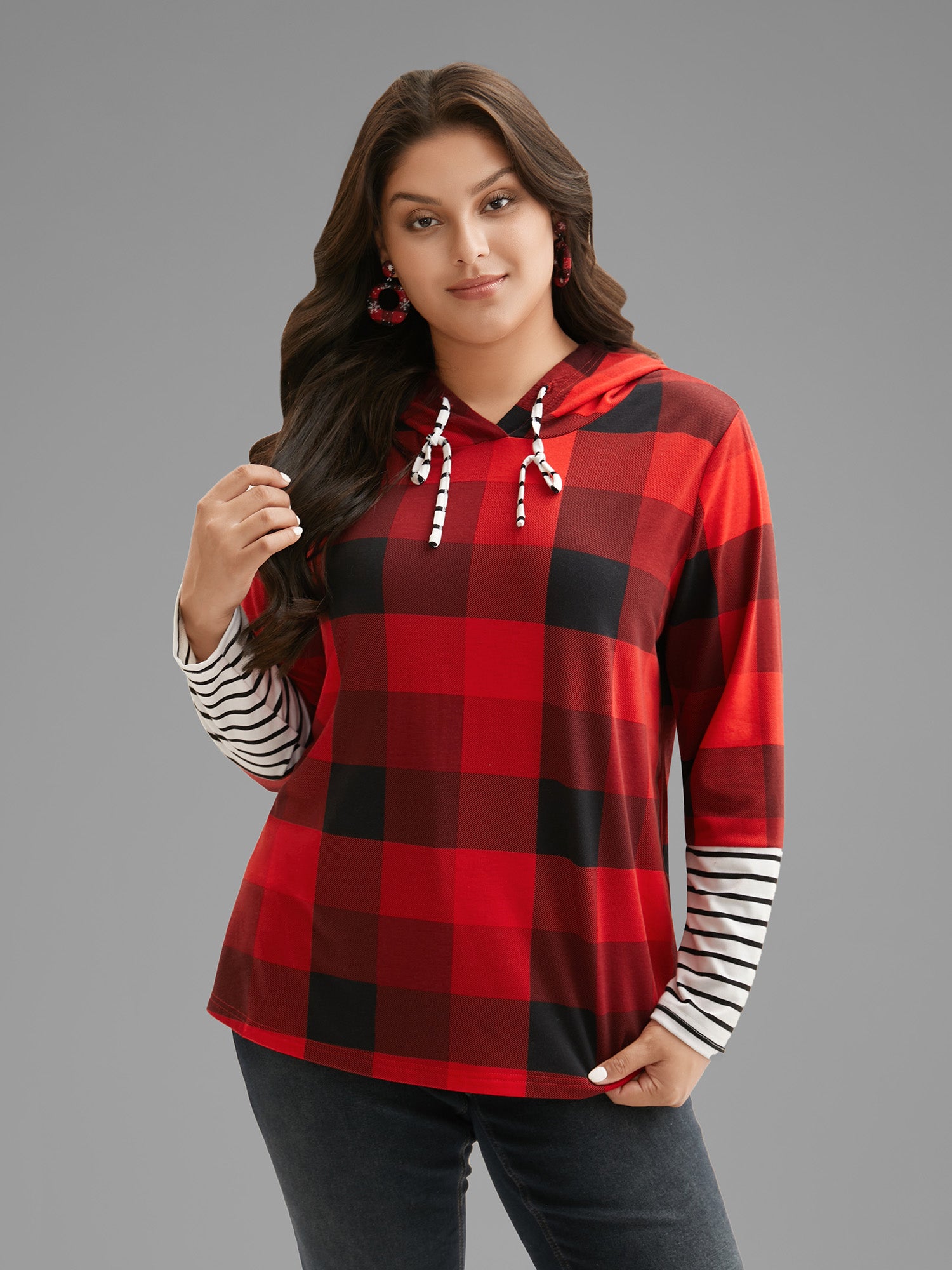 Plaid Hooded Drawstring Straight Fit Tee