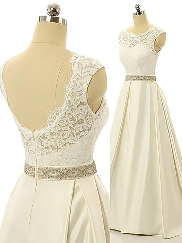 Deluxe Backless Satin Ball Gown Lace Wedding Dresses with Sweep Train