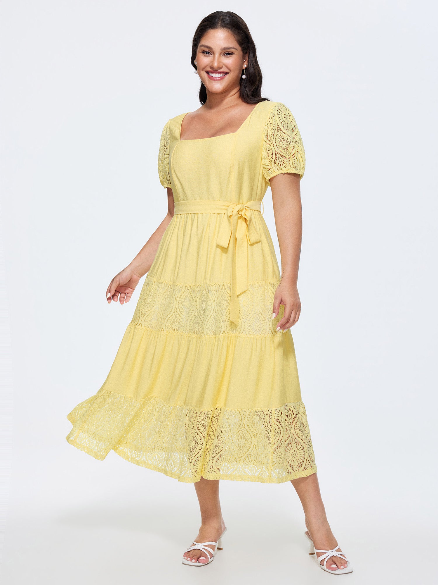 Sheer Lace Panel Waist-Tie Midi Dress