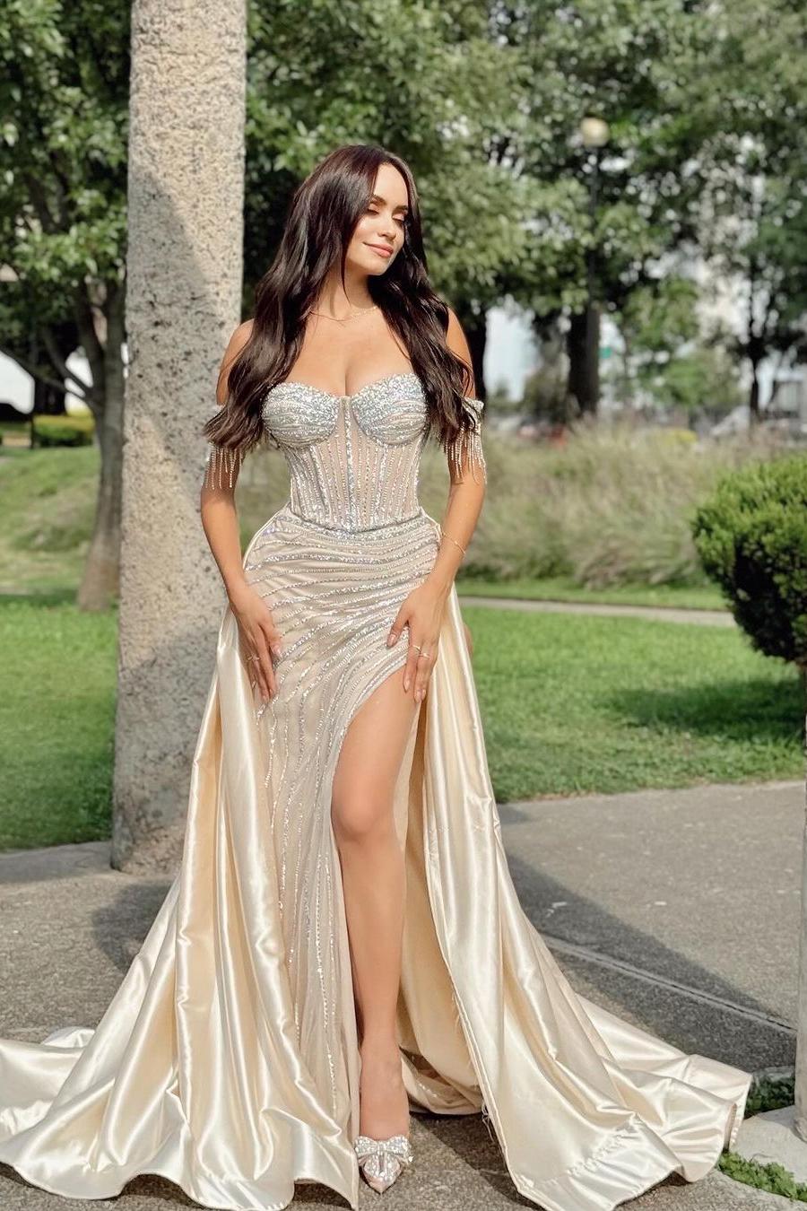 Champagne Off the Shoulder Sweetheart Beadings Long Formal Dress With Split