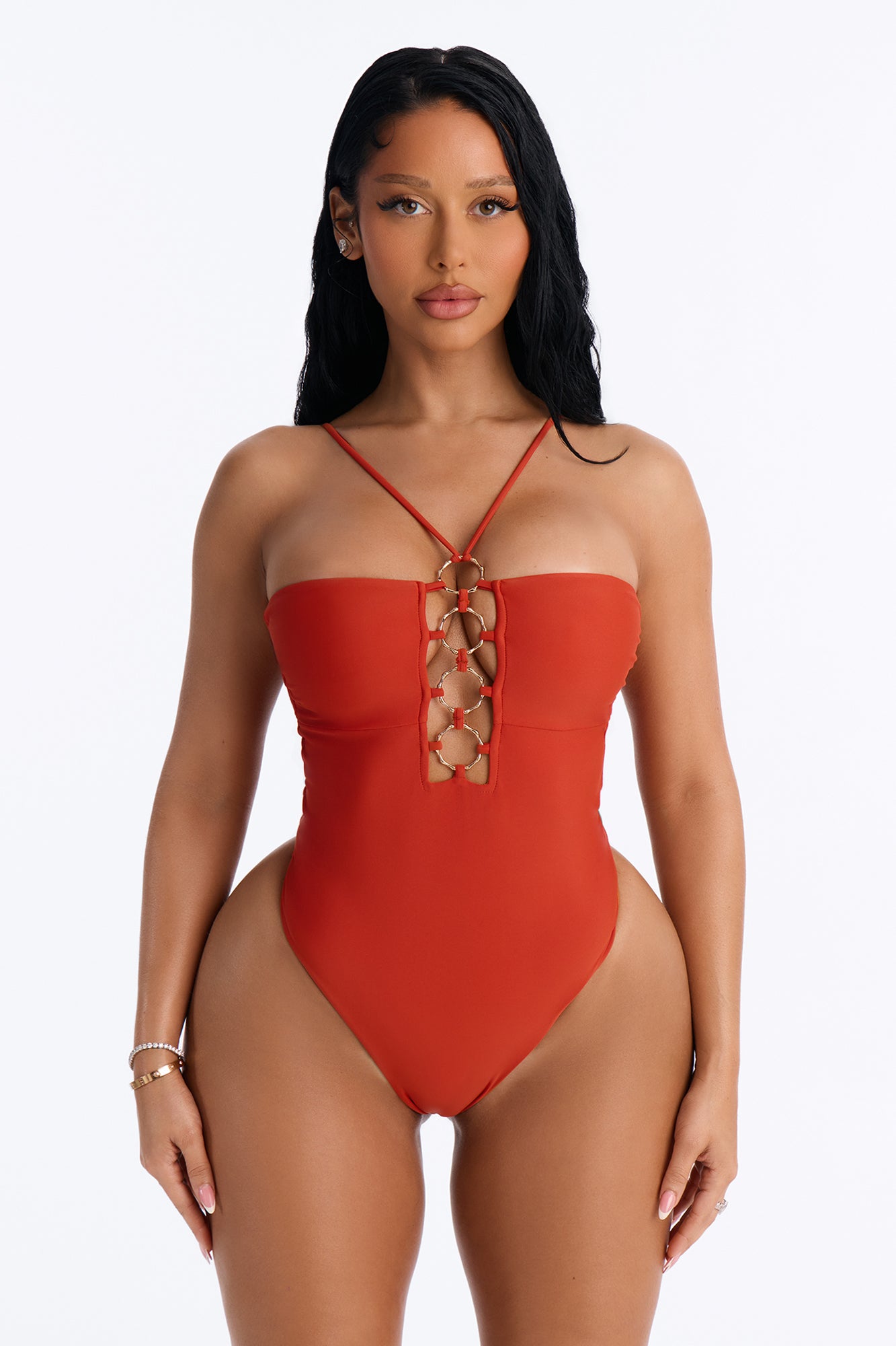 Coconuts And Sandy Buns O-Rings V-Neck Back Lace Up 1 Piece Swimsuit - Rust
