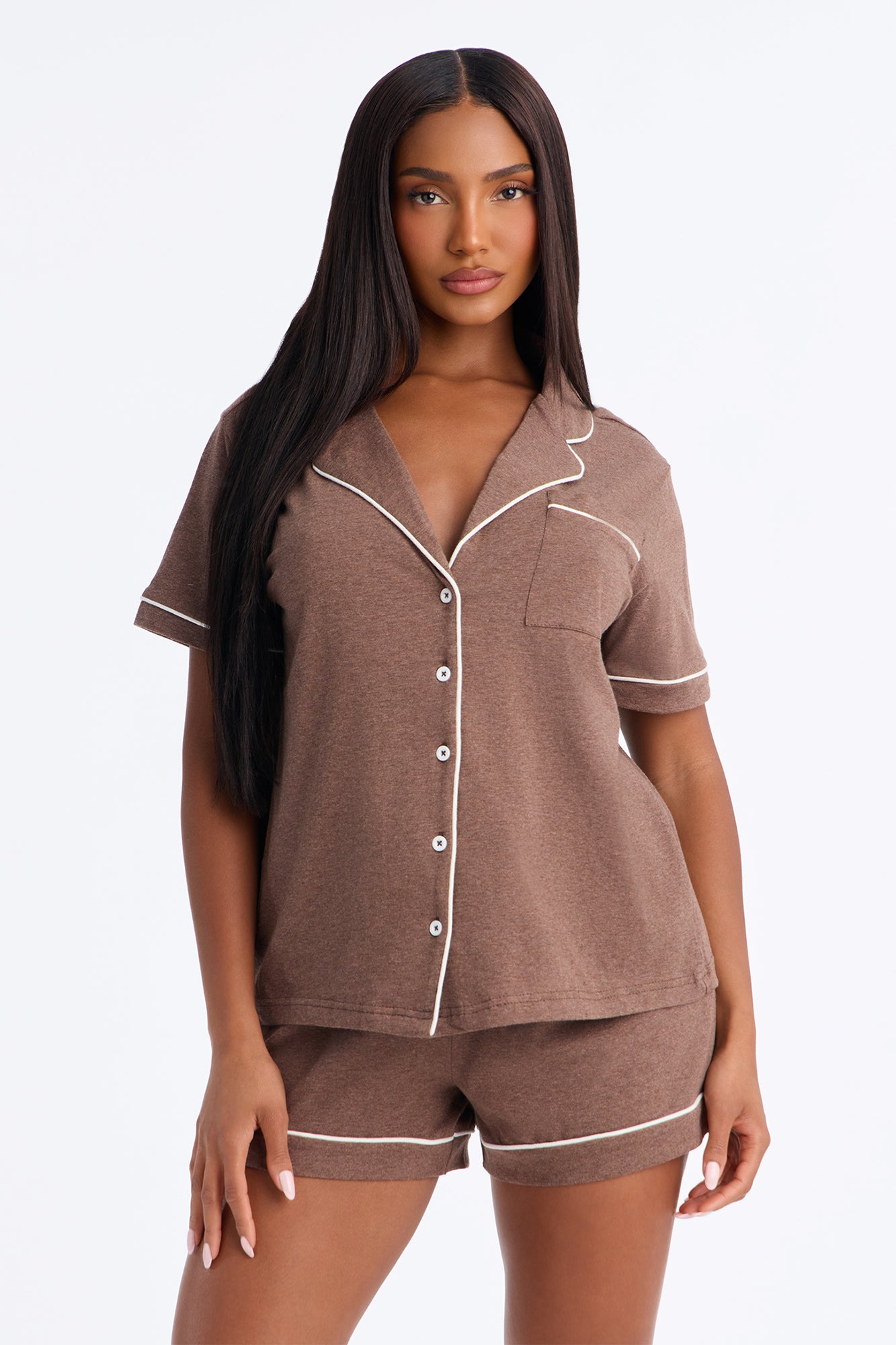 Nova Cotton Short Sleeve Button Down PJ Short Set - Heather/Brown