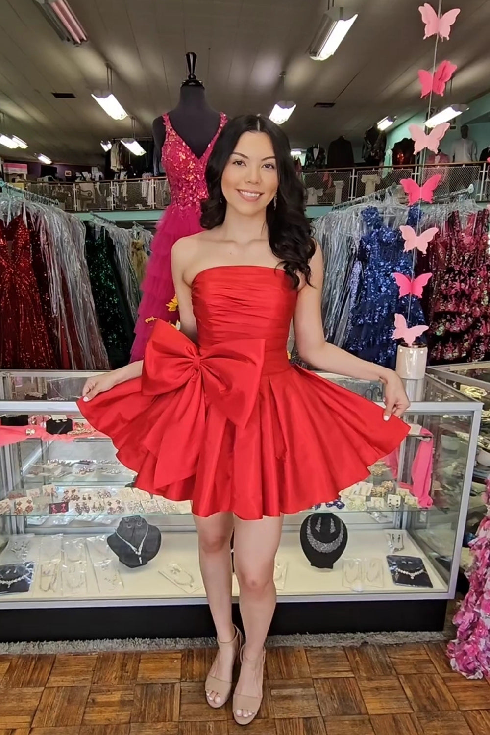 Red Strapless A Line Short Homecoming Dress/Mini Dress with Bowknot