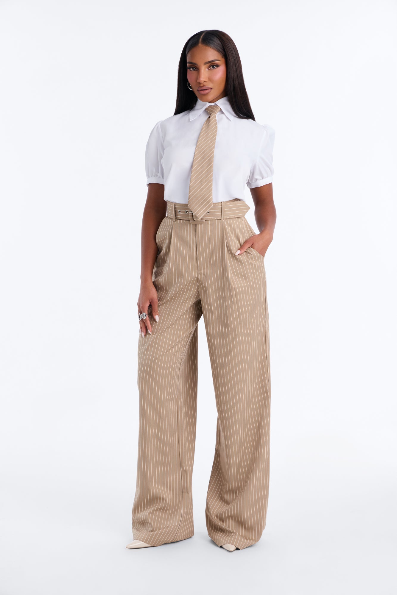 Clocked In Pinstripe Tie and Jumpsuit Set - Tan