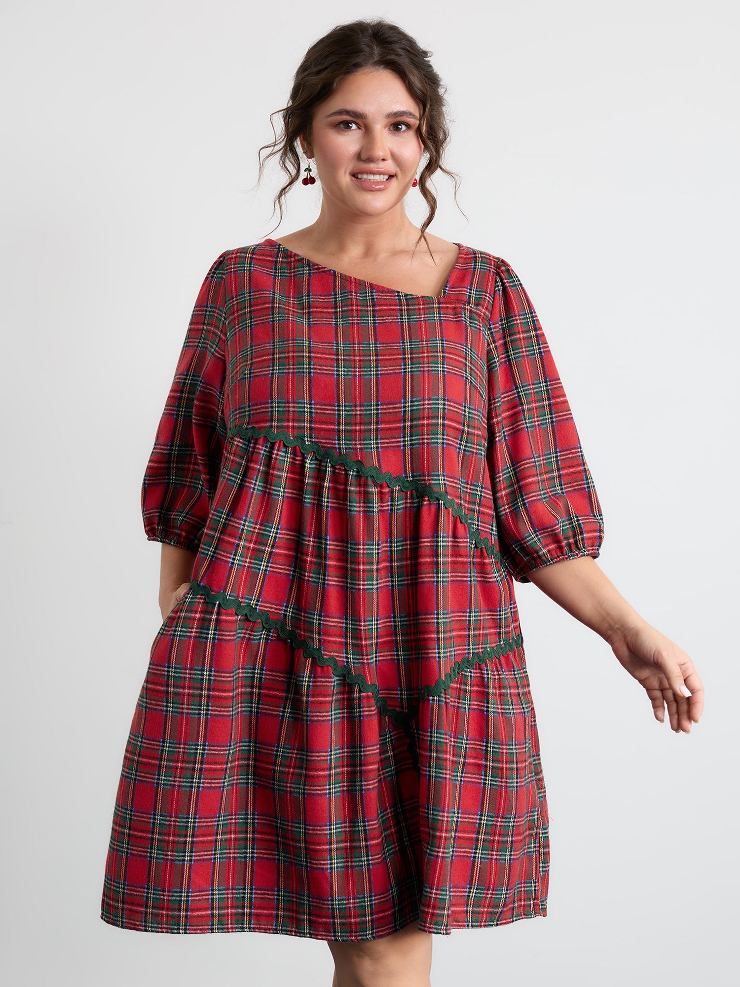Festive Plaid Wavy Trim Mini Dress