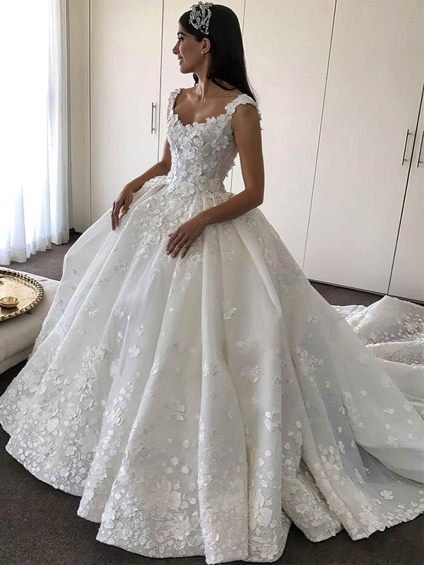 Beautiful Ball Gown V-Neck Satin Cathedral Train Wedding Dresses with Flowers