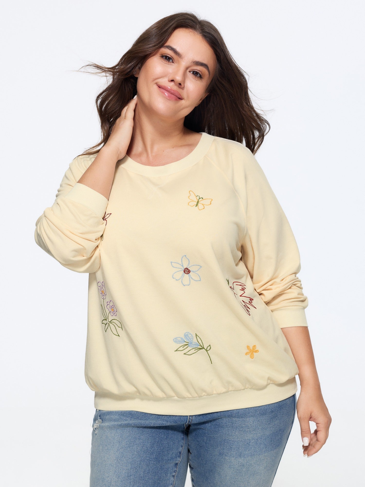 Floral Embroidery Crew Neck Sweatshirt