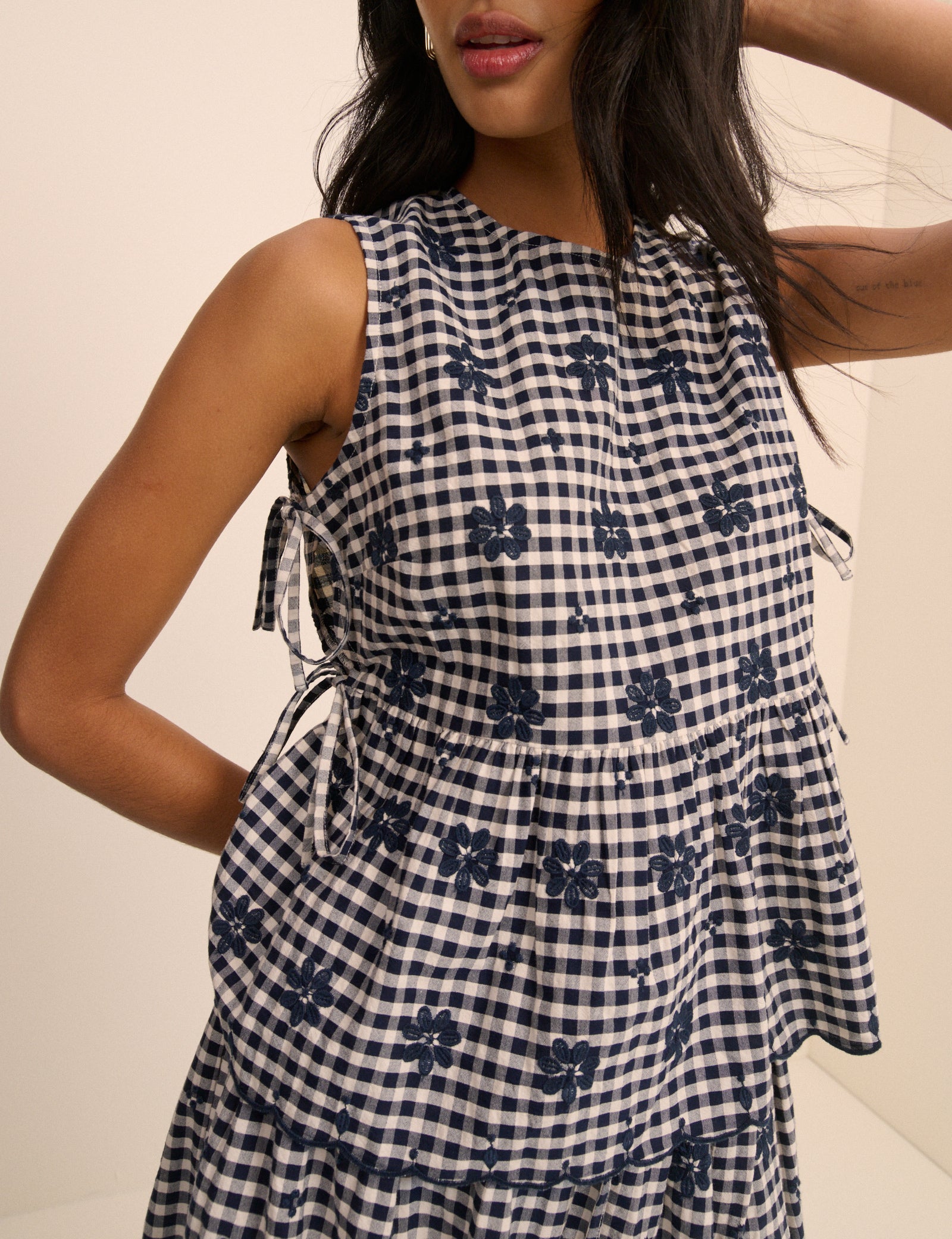 Navy Gingham Side Tie Swing Top
