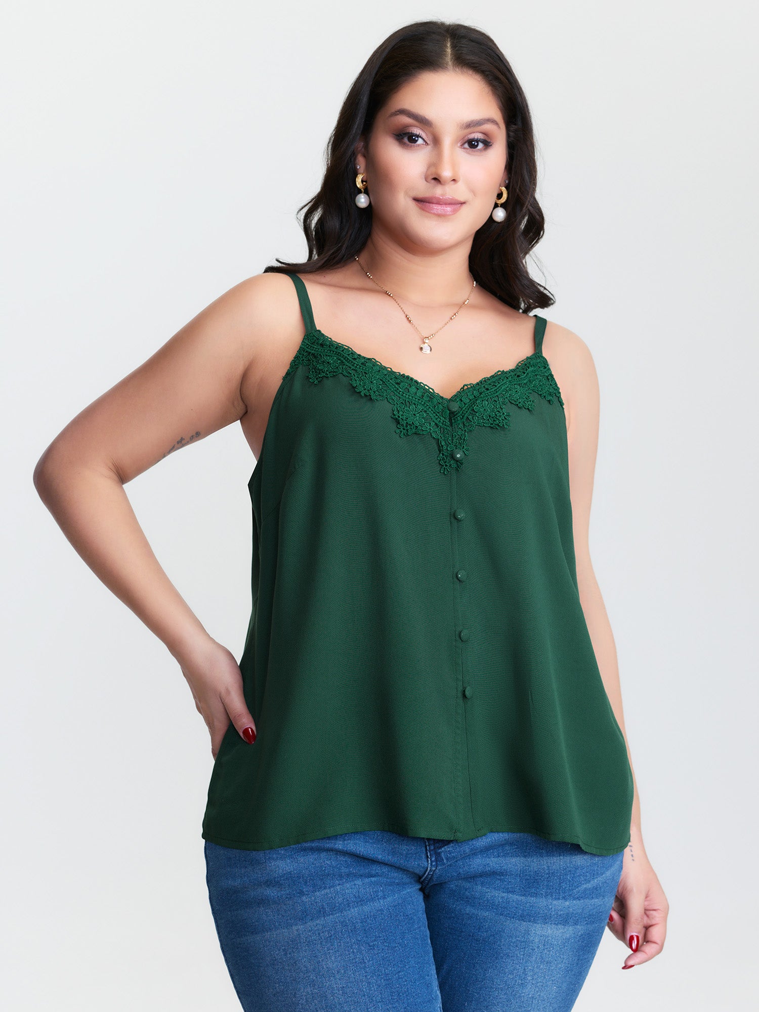 Lace Trim Adjustable Button Detail Tank Top