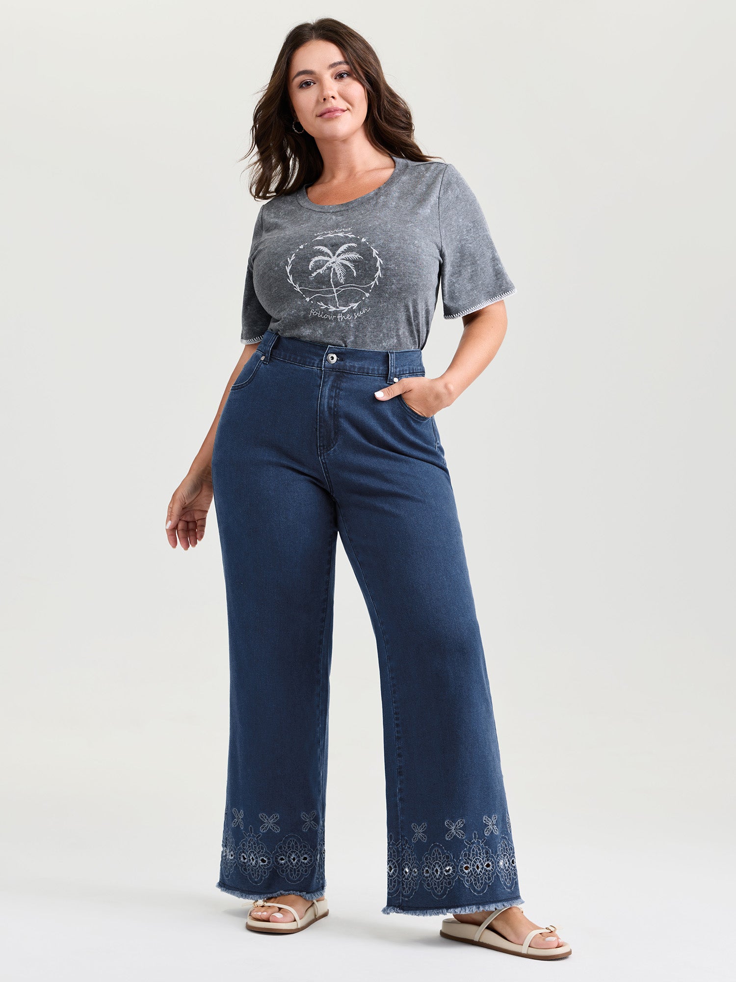 High-Rise Stretchy Embroidered Hem Jeans