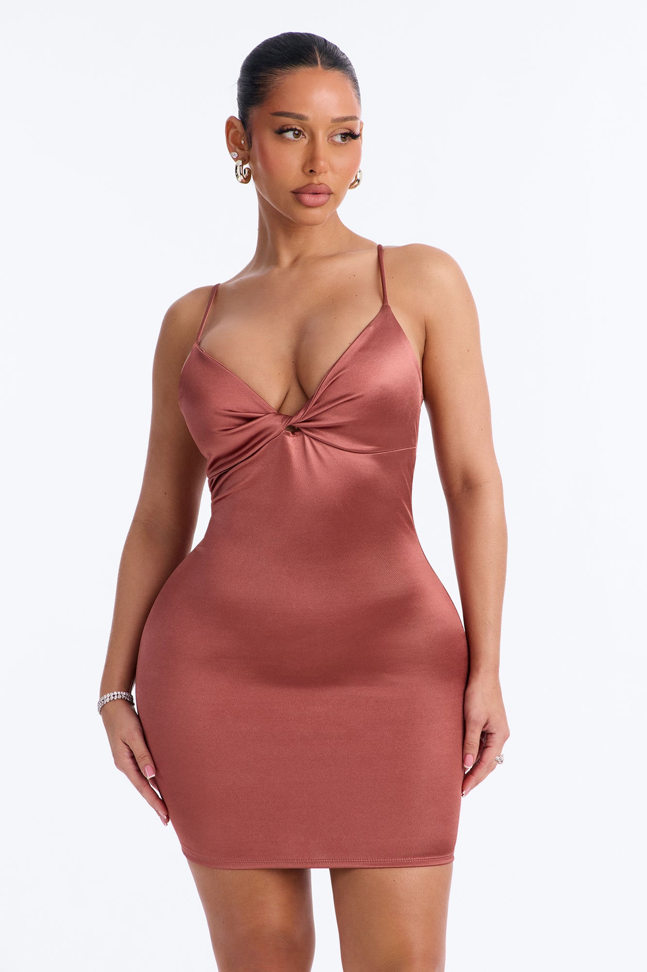 Sweet Love Stretch Satin Mini Dress - Rust