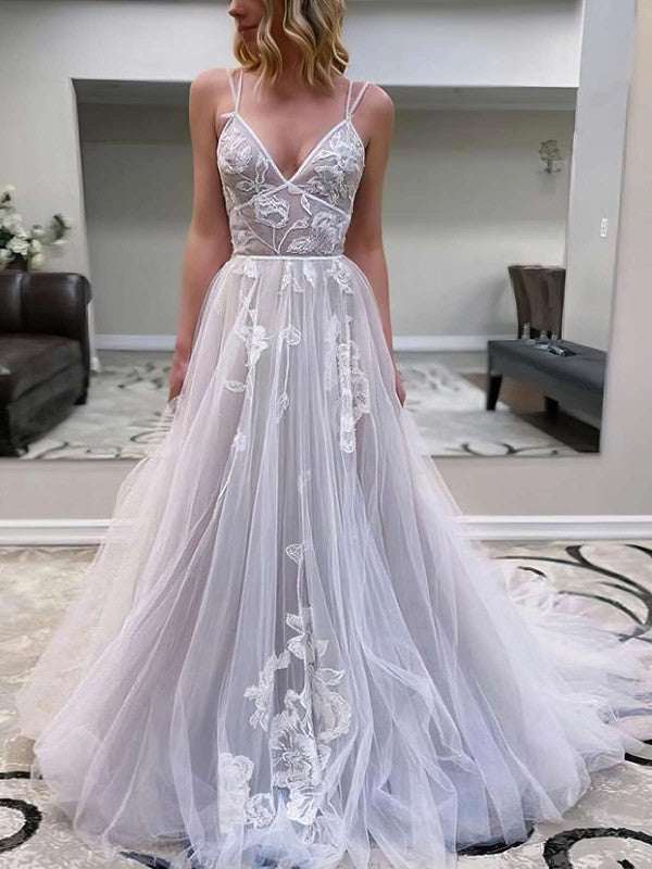 Charming V-Neck Spaghetti Straps Tulle Lace Sweep Train Wedding Dresses