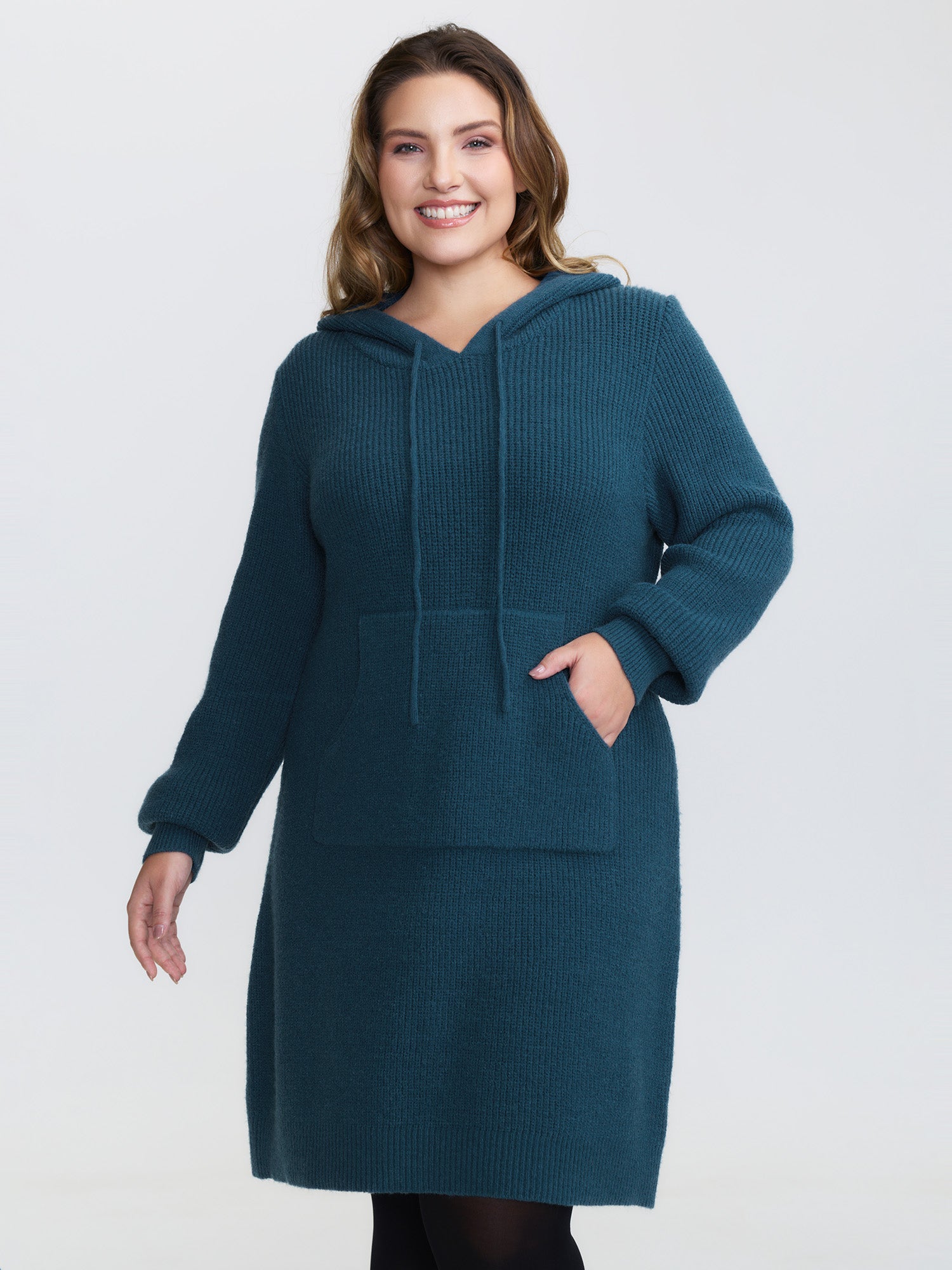 Hooded Textured Curvy Hem Sweater Dress