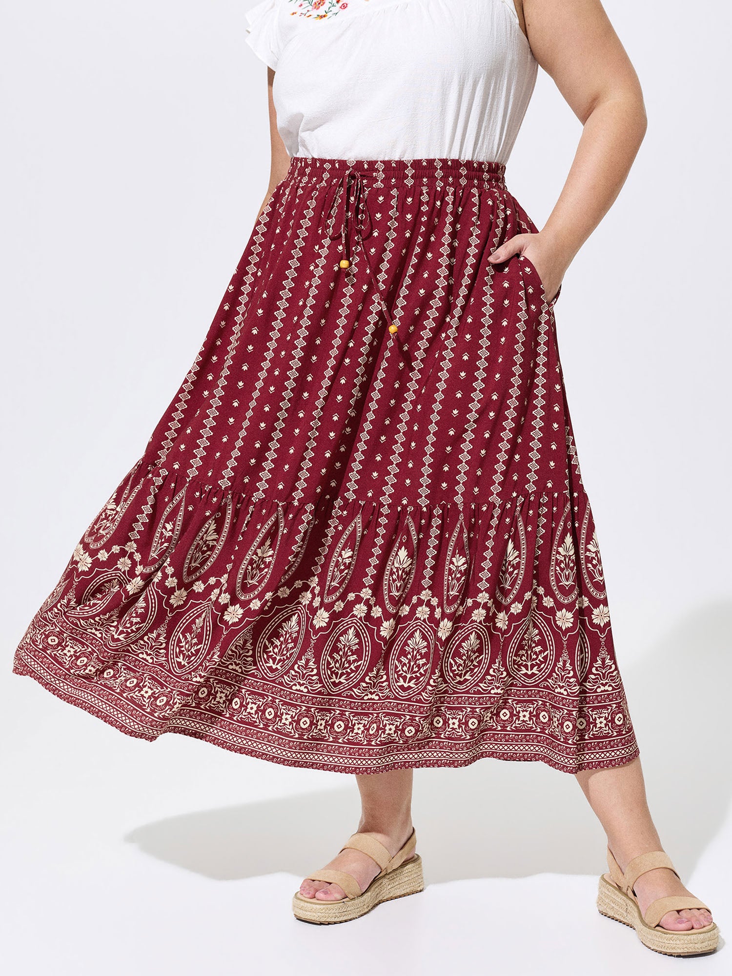 Stretchy Geometric Striped Print Midi Skirt