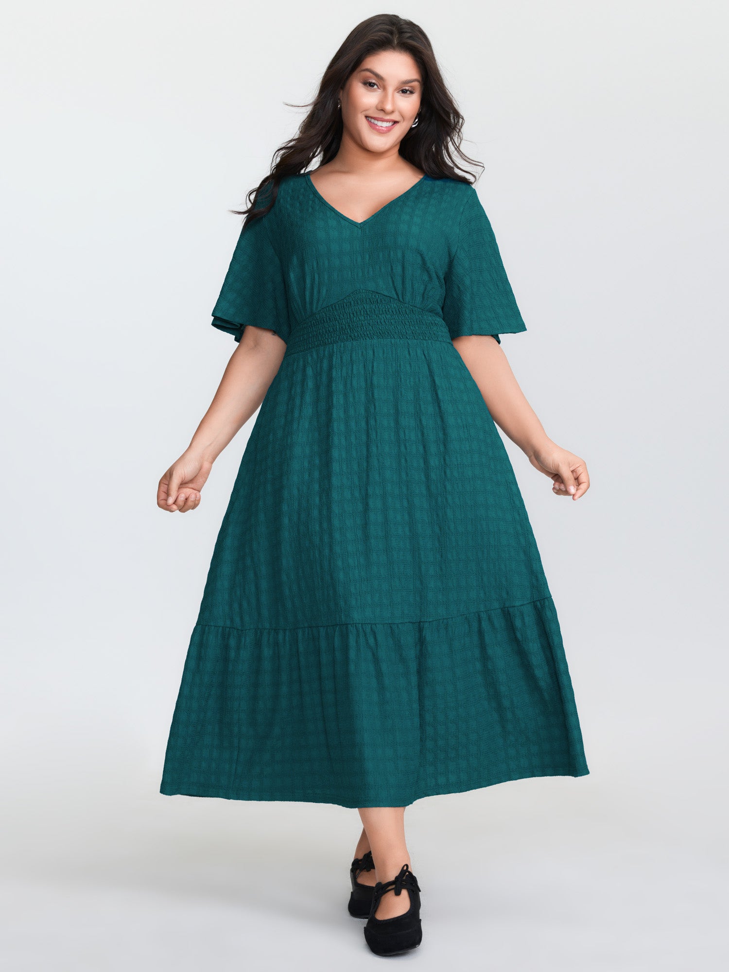 Textured V-Neck Shirred Waist Midi Dress