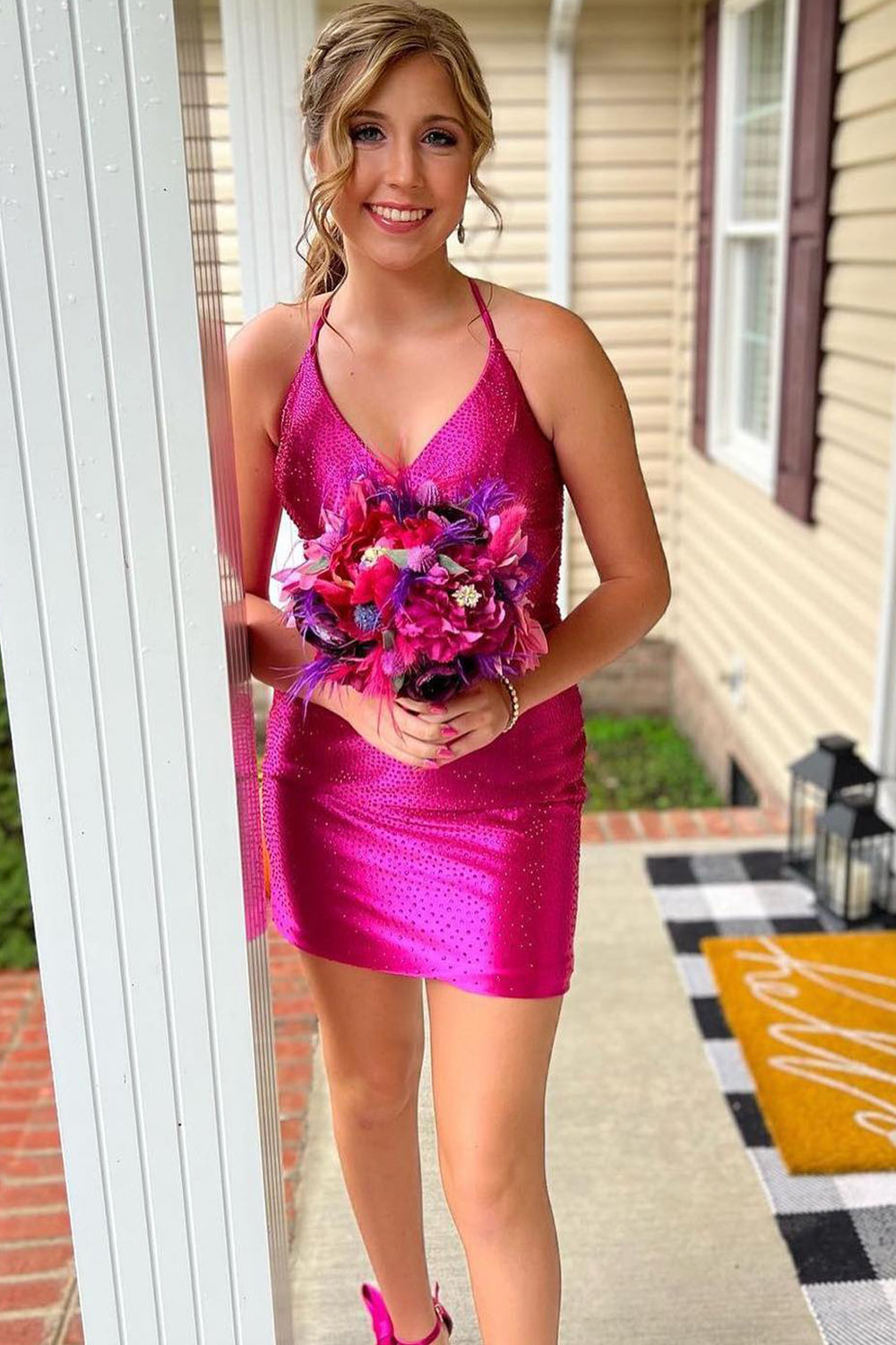 Sparkly Fuchsia Halter Tight Short Homecoming Dress/Mini Dress with Beadings