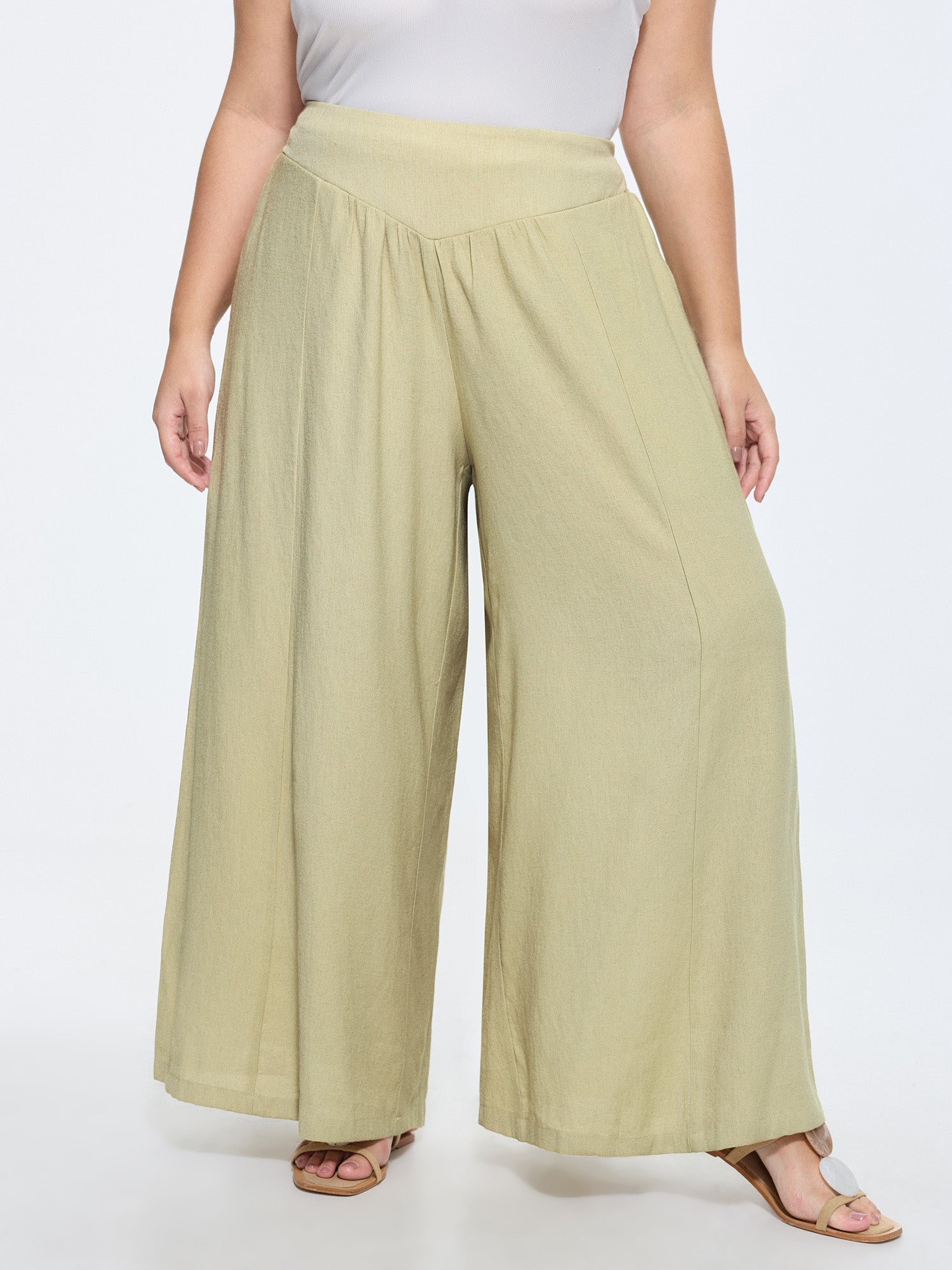 Wide-Waistband Textured Flowy Pants