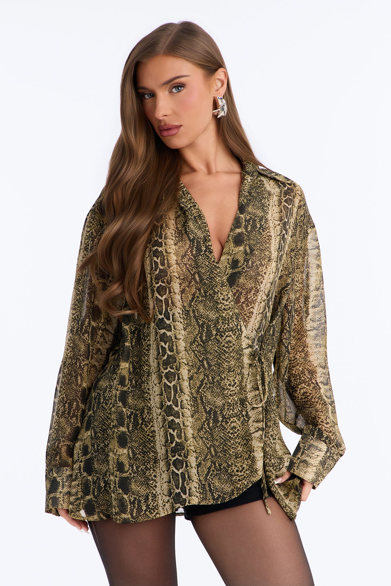 Sienna Snake Skin Chiffon Oversized Wrap Blouse - Green/combo