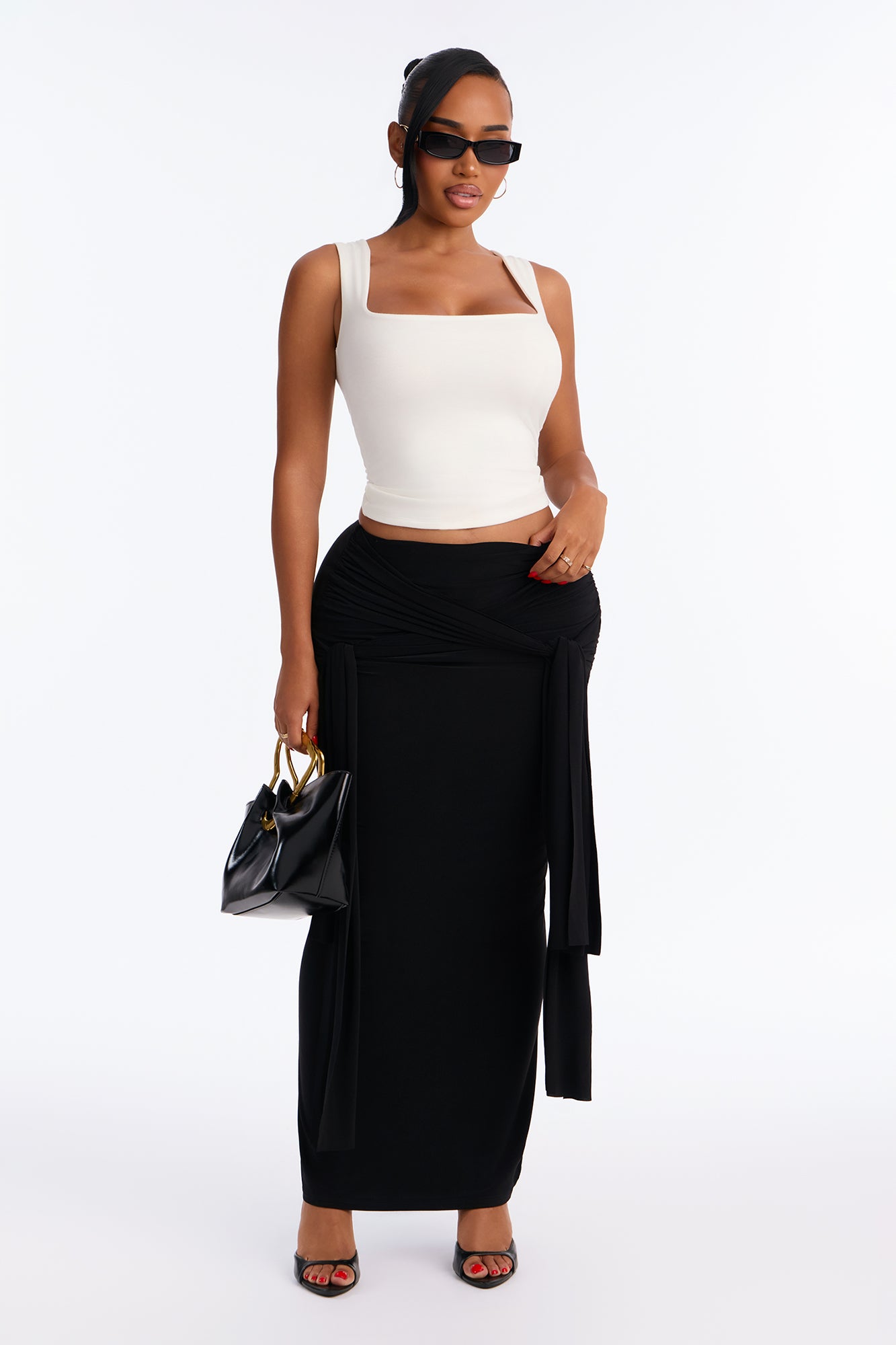 Sakura Tie Waist Maxi Skirt - Black