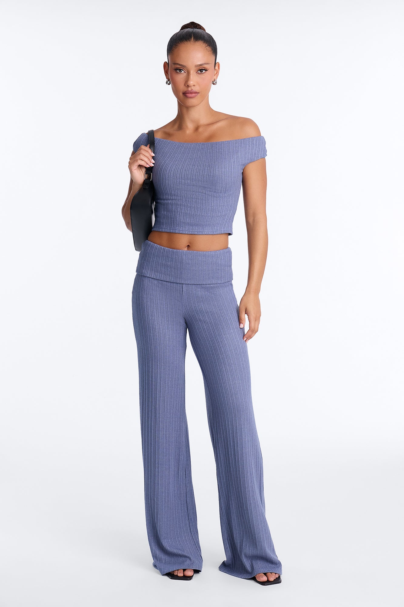 Inez Off Shoulder Sweater Pant Set - Denim