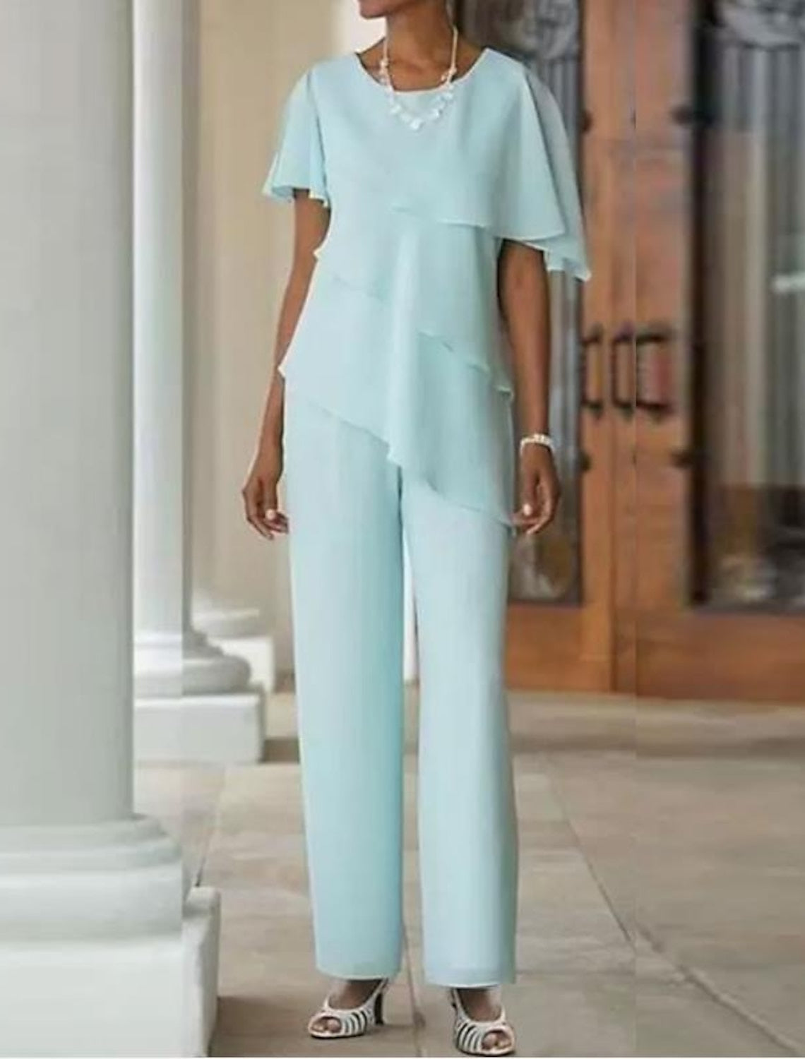2-Piece Floor-Length Mother of the Bride Jumpsuit with Jewel Neckline