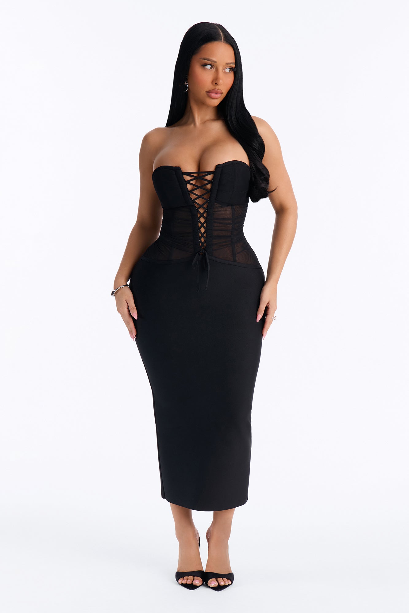 Lace Up Babe Corset Bandage Midi Dress - Black