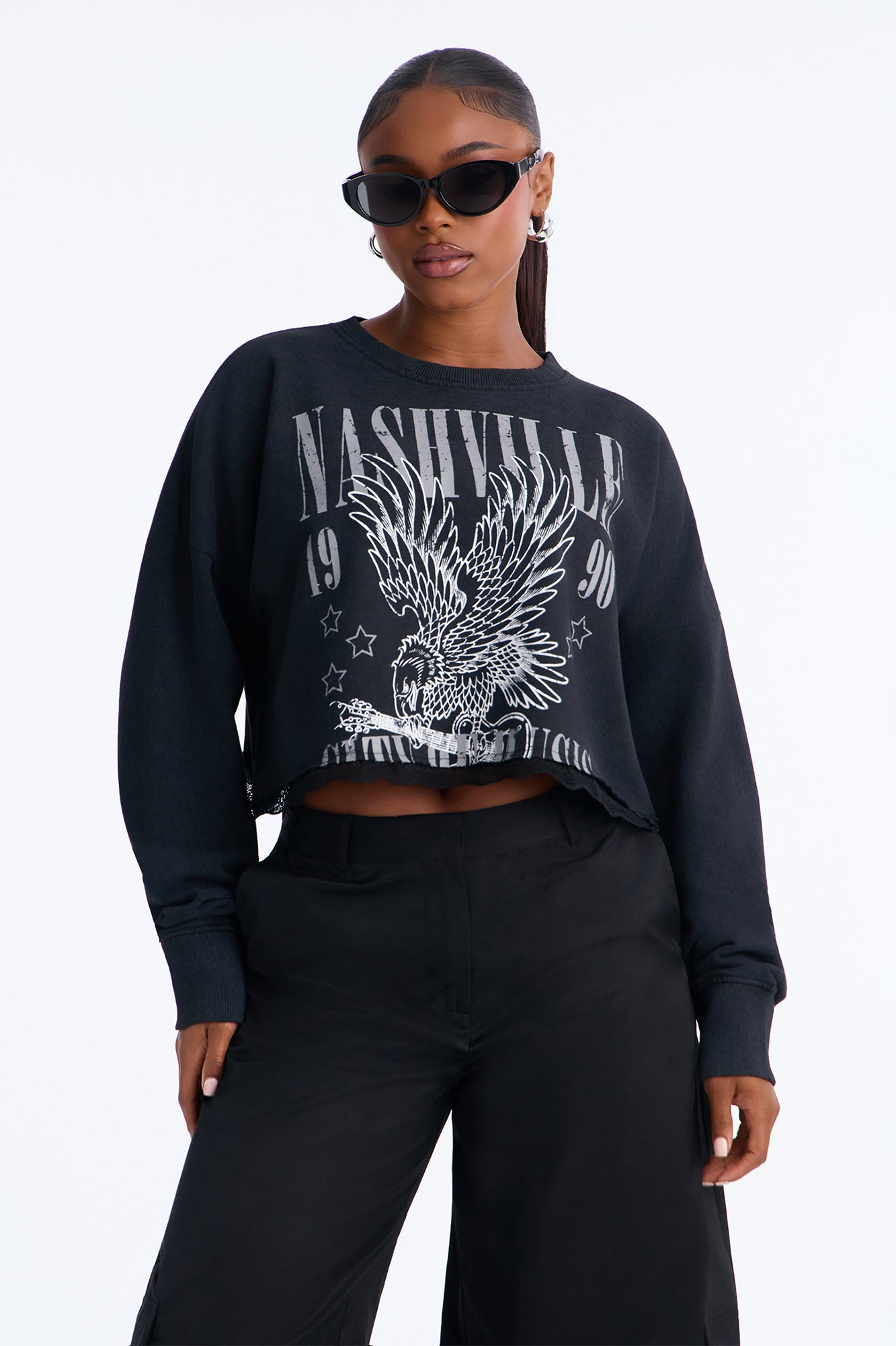 Nashville Lace Trim Cropped Sweatshirt - Black