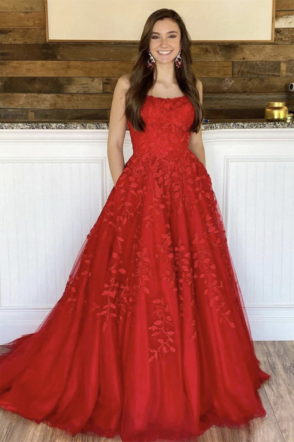 Red Princess Prom Dress with Spaghetti Straps