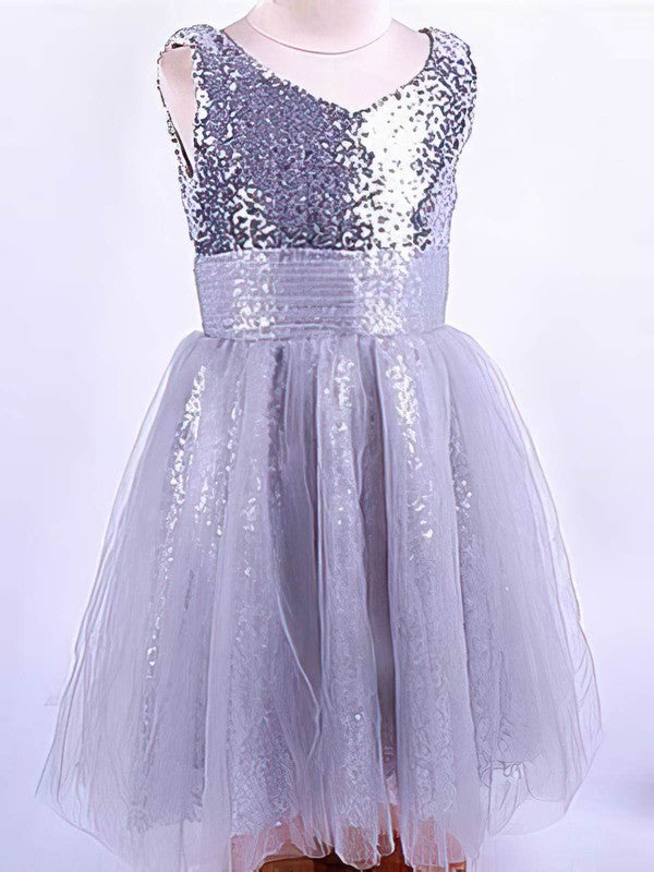 Luxurious A-Line V-Neck Sleeveless Tulle Sequined Flower Girl Dresses