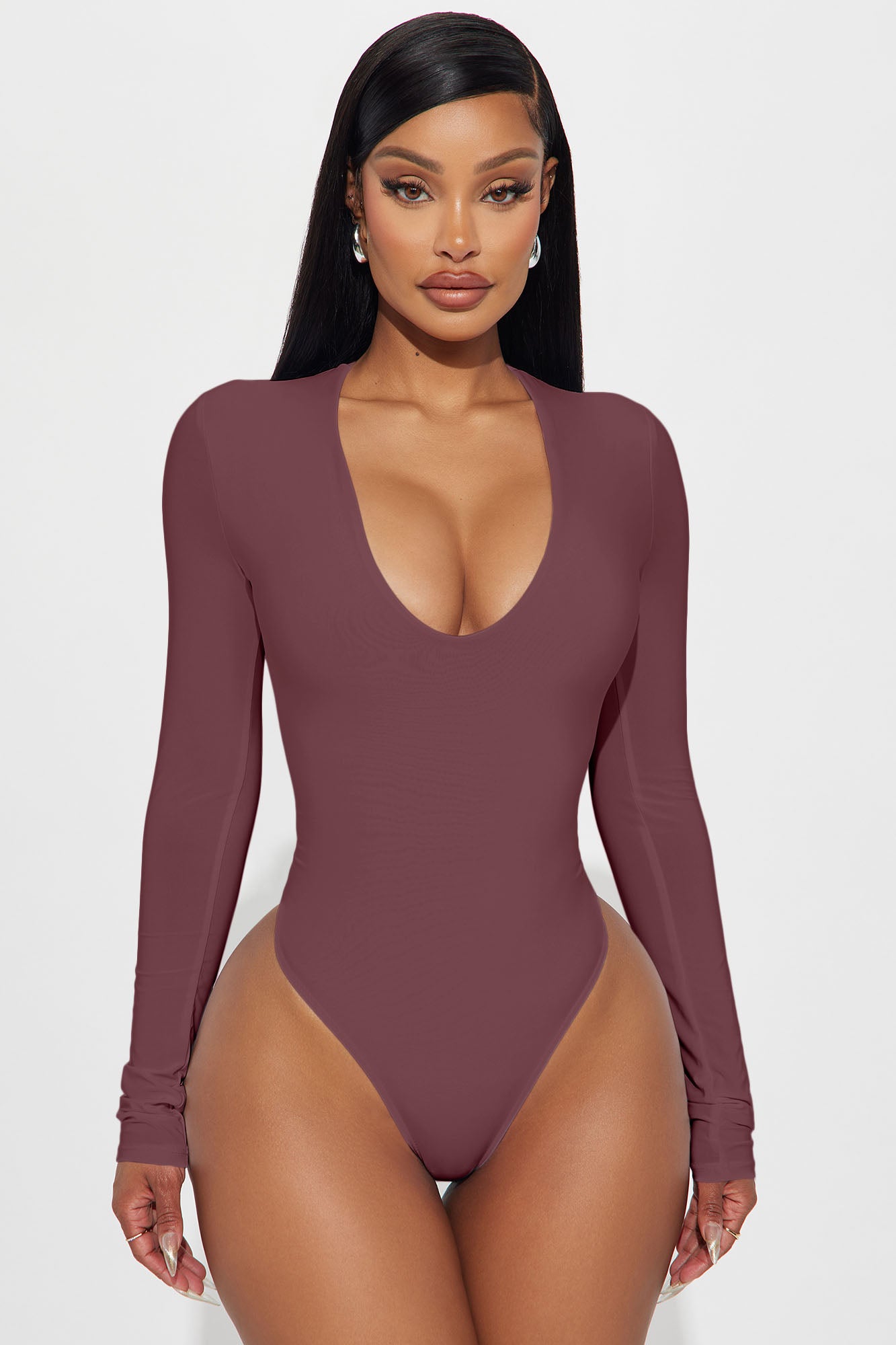 Take The Plunge Lined Long Sleeve Bodysuit - Wine
