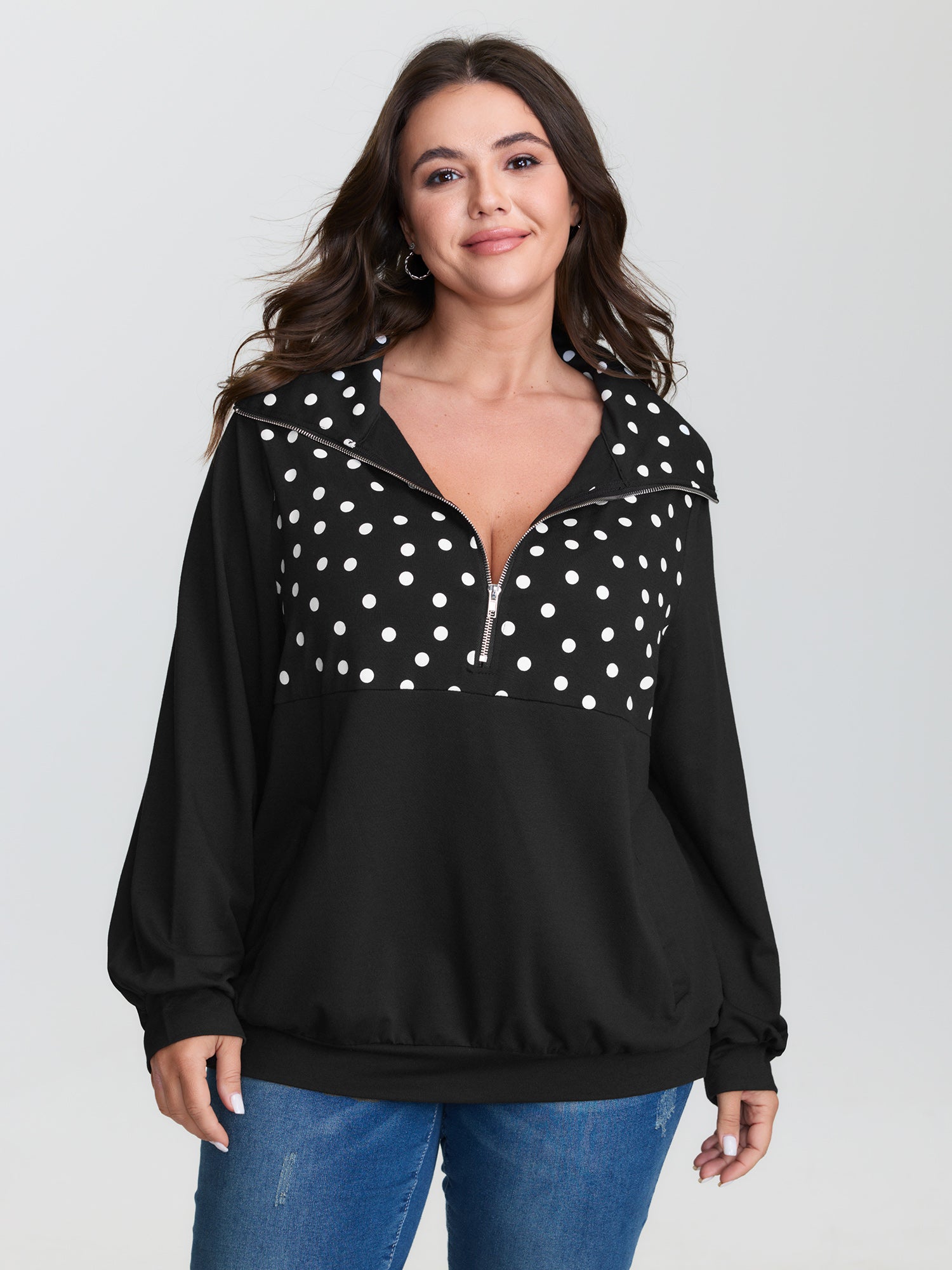 Stretchy Polka Dots Half-Zipper Sweatshirt