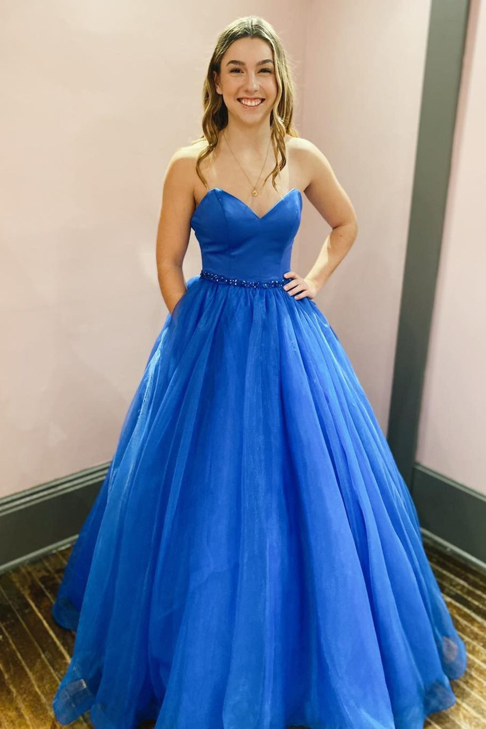 Royal Blue Long A-Line Prom Dress with Sweetheart Neckline Beading and Pockets