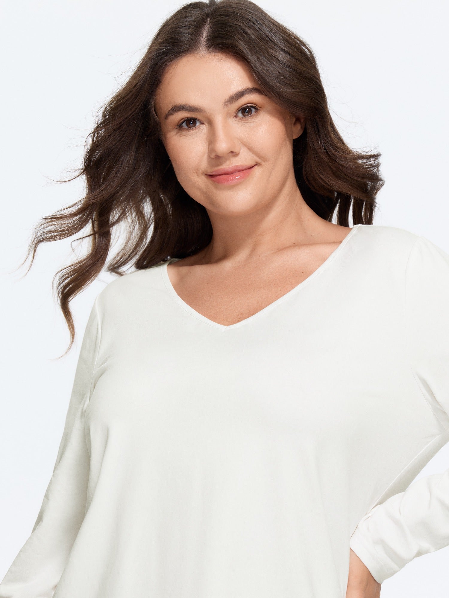 Cotton Stretch V‑Neck Long Sleeve T‑Shirt
