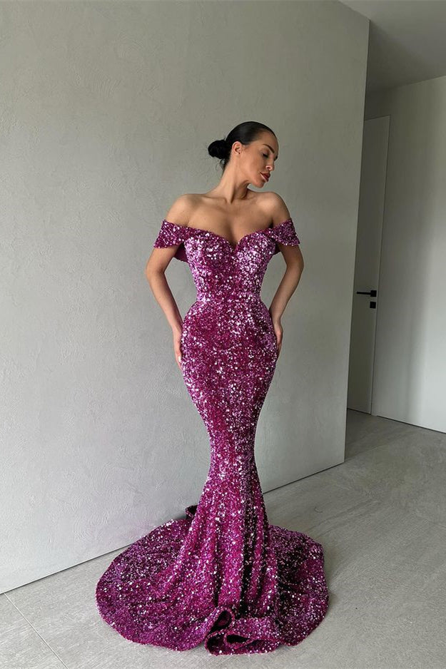 Purple Off-The-Shoulder Long Evening Dress Mermaid With Sequins