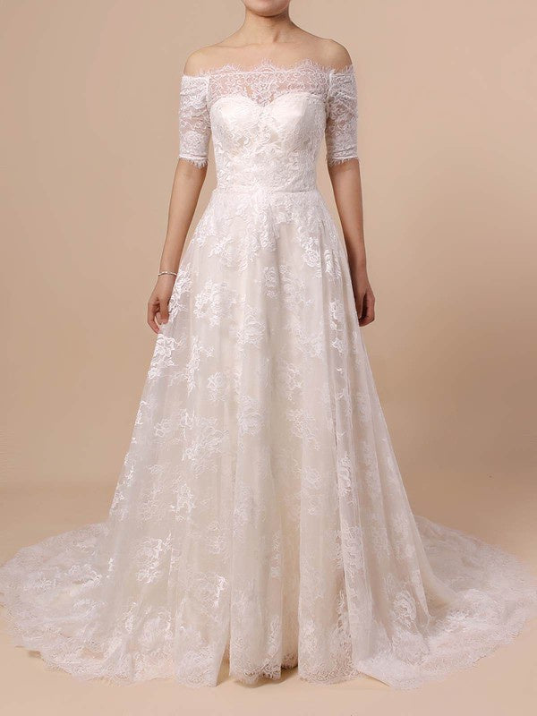 Exquisite Off-The-Shoulder Half Sleeves Lace Ball Gown Wedding Dresses with Sweep Train