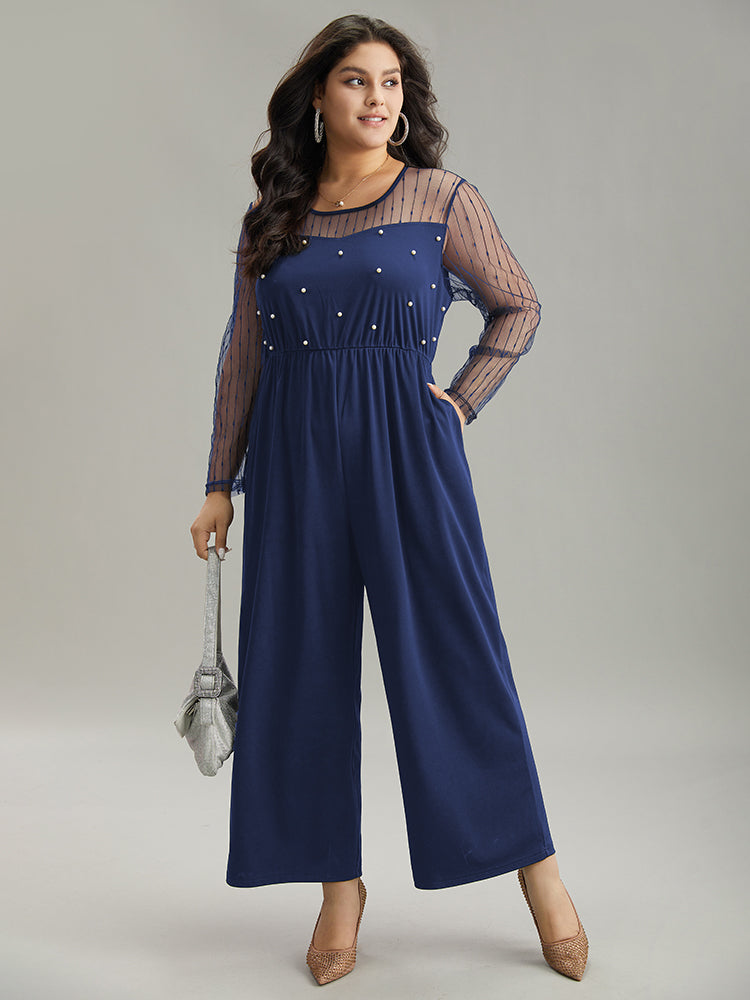 Pearl Beaded Mesh Patchwork Zipper Jumpsuit